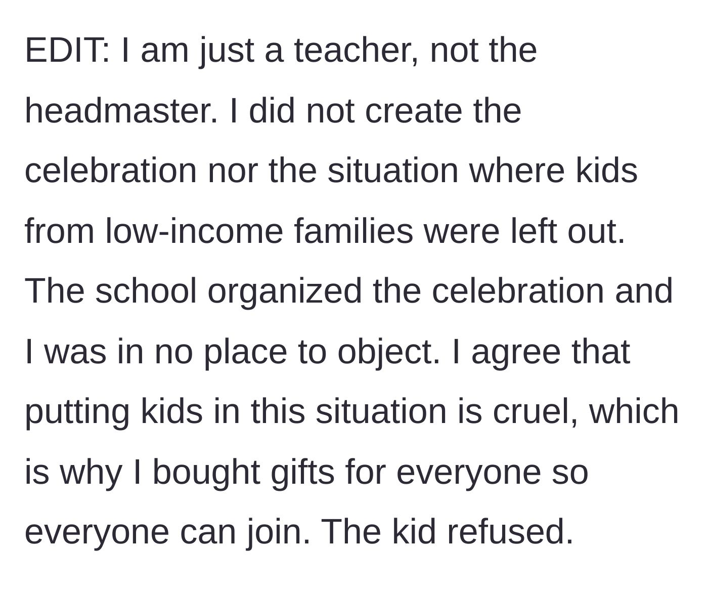 Story part 4 - The teacher clarifies she doesn't control the school policies and was just trying her best to fix a flawed, exclusionary system.