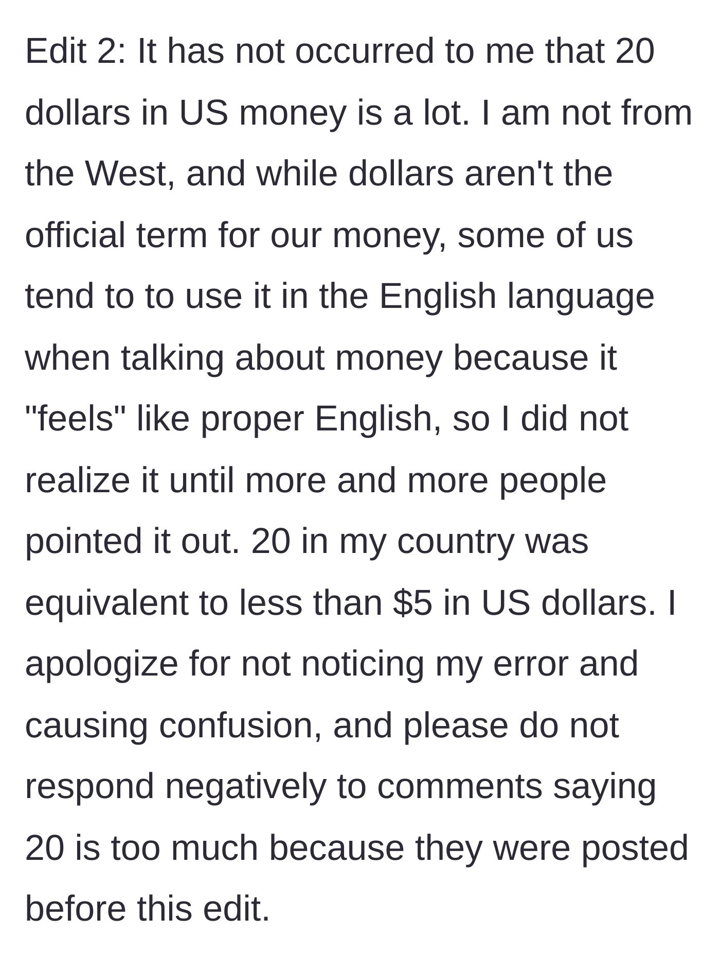Story part 5 - A clarification that the gift limit was equivalent to less than 5 US dollars, proving it wasn't an outrageously expensive ask.