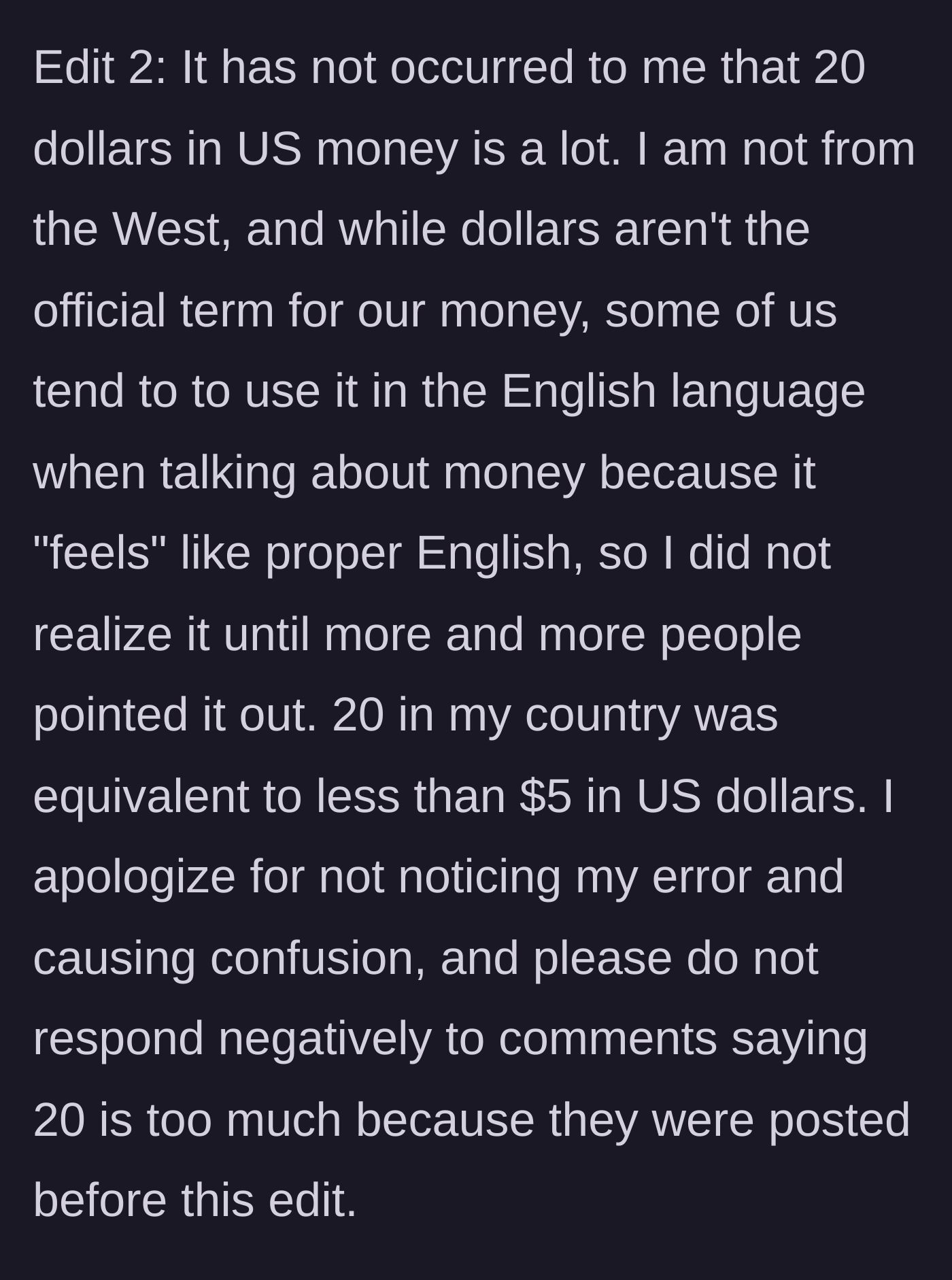 Story part 5 - A clarification that the gift limit was equivalent to less than 5 US dollars, proving it wasn't an outrageously expensive ask.