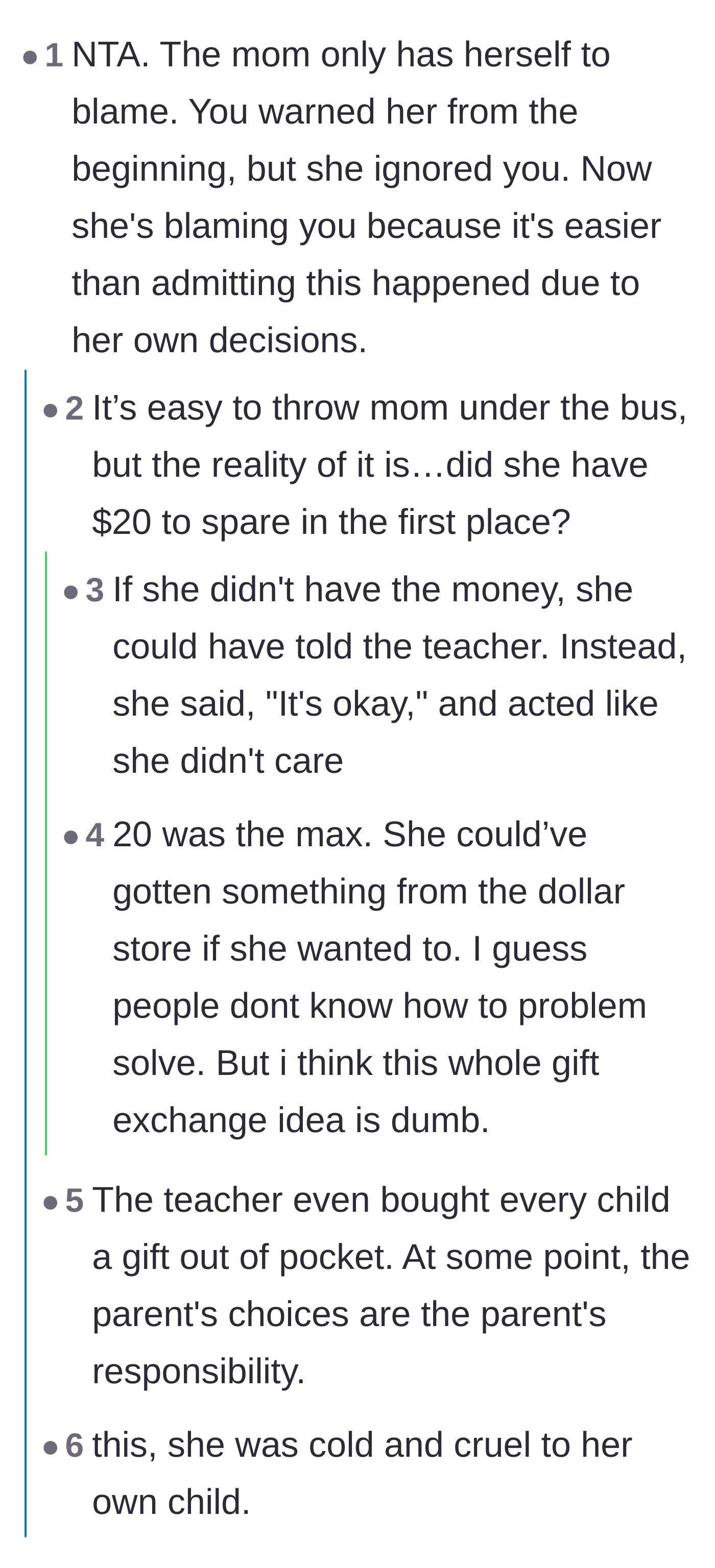 Comment thread 1 - Commenters debating whether the mother's anger stems from financial pride or pure emotional immaturity.