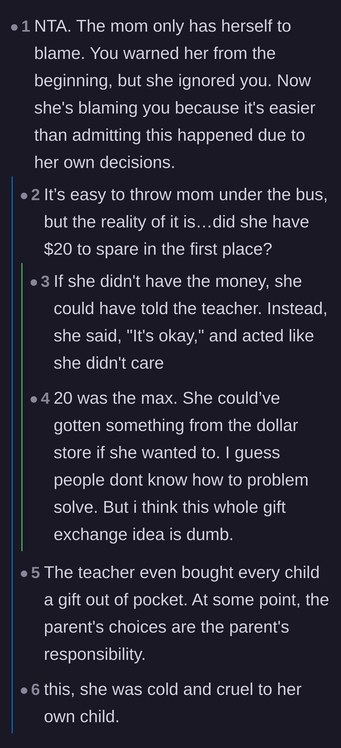Comment thread 1 - Commenters debating whether the mother's anger stems from financial pride or pure emotional immaturity.