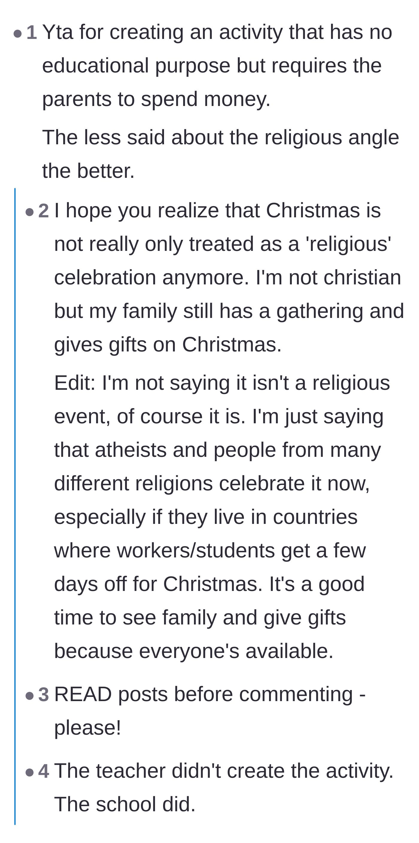 Comment thread 3 - A massive debate about the cultural implications of school holiday parties and who is actually responsible for organizing them.