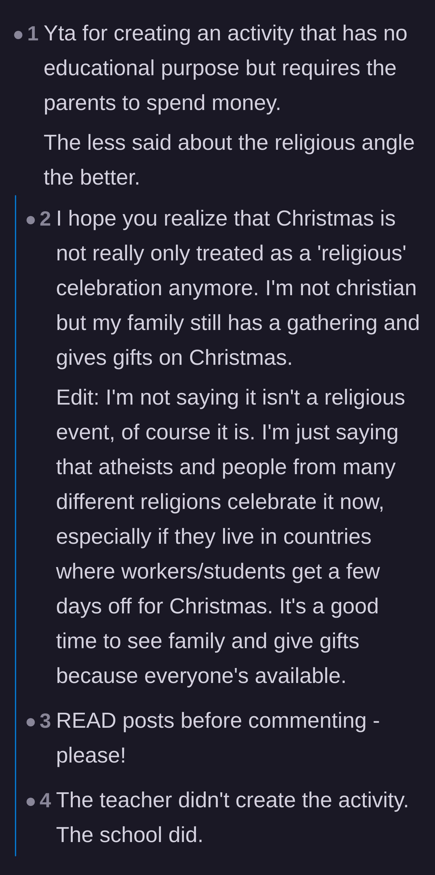 Comment thread 3 - A massive debate about the cultural implications of school holiday parties and who is actually responsible for organizing them.