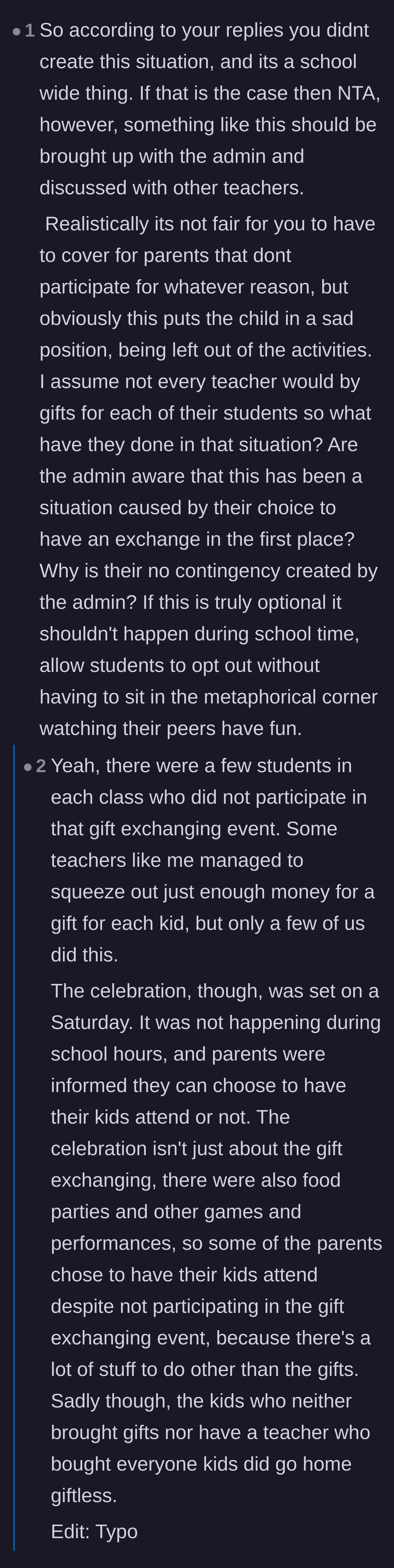 Comment thread 5 - The original poster reveals the party was on a Saturday and entirely optional, changing the entire context.