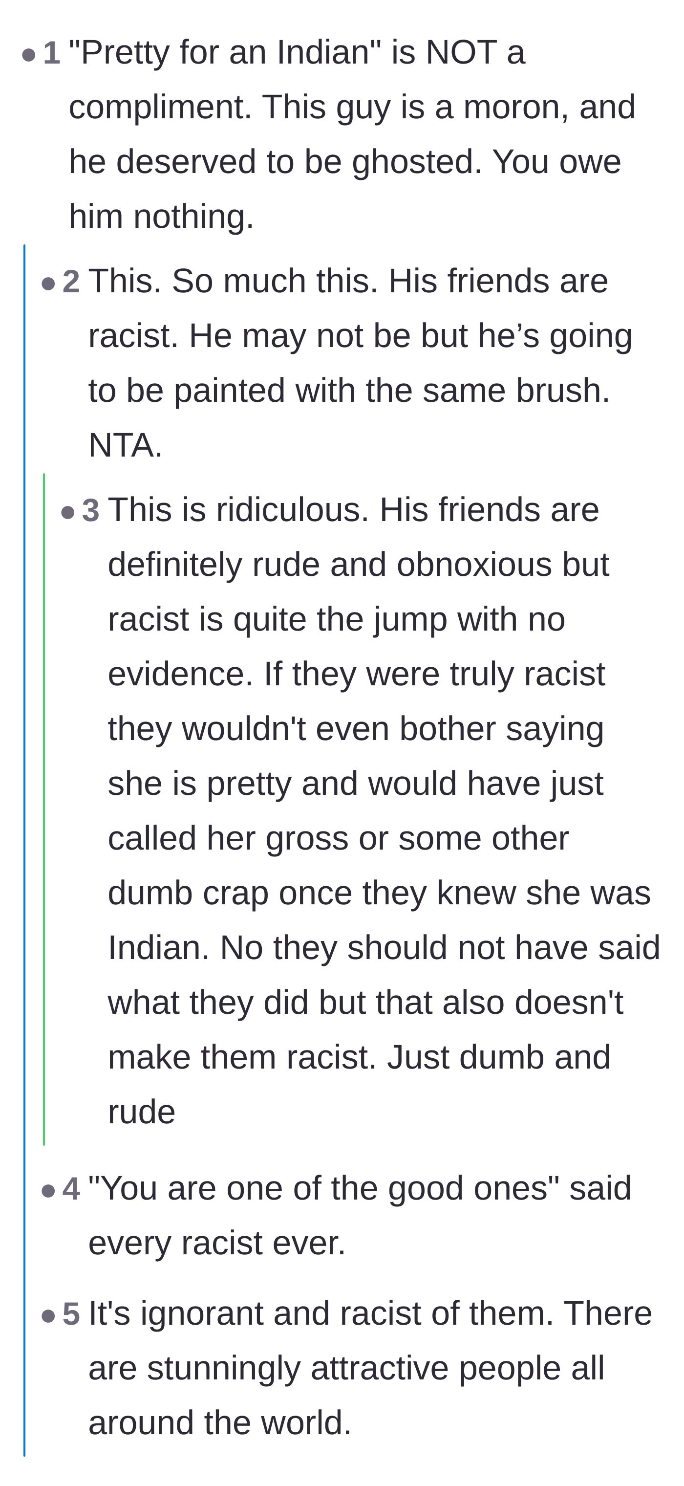 Comment thread 1 - Debate about whether the friends' backhanded compliments were just ignorant or actually racist.