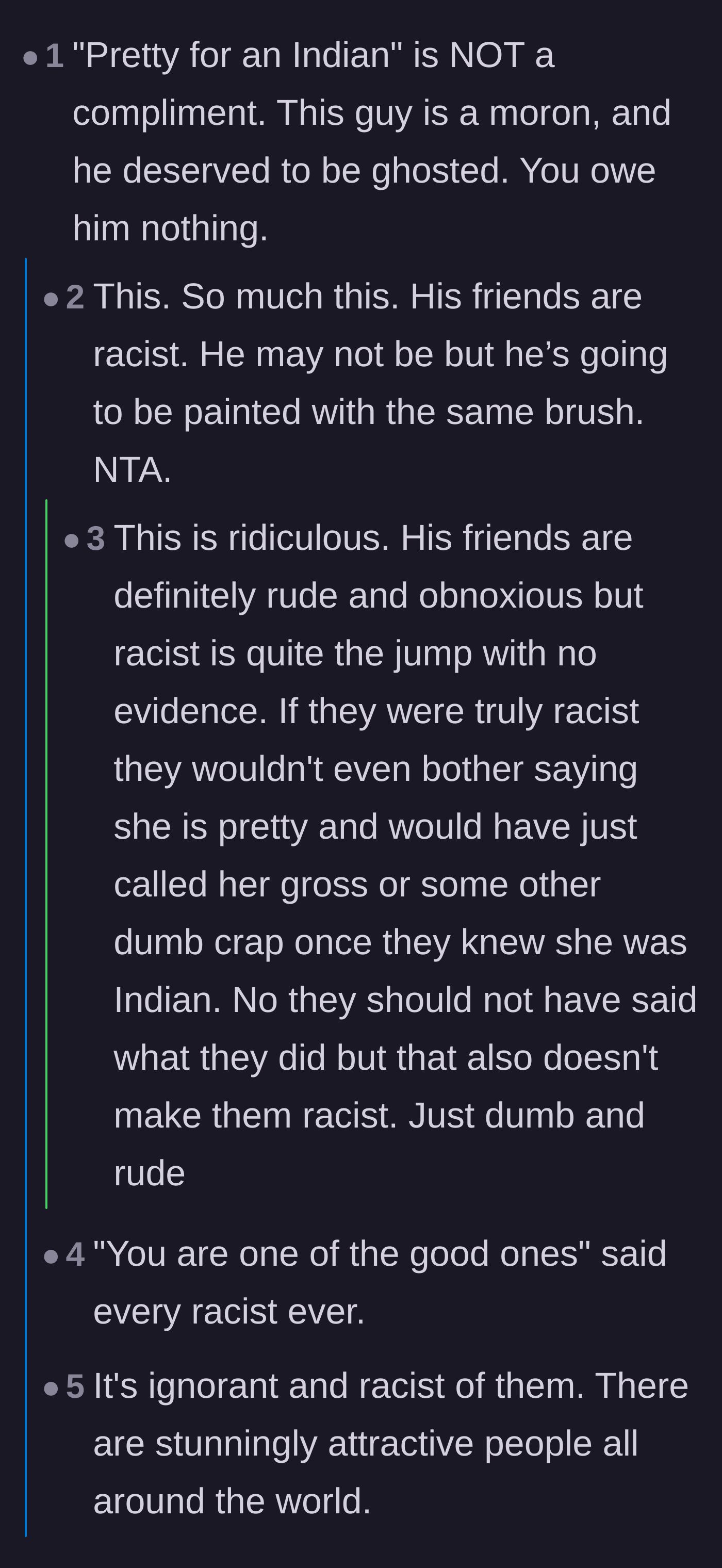 Comment thread 1 - Debate about whether the friends' backhanded compliments were just ignorant or actually racist.