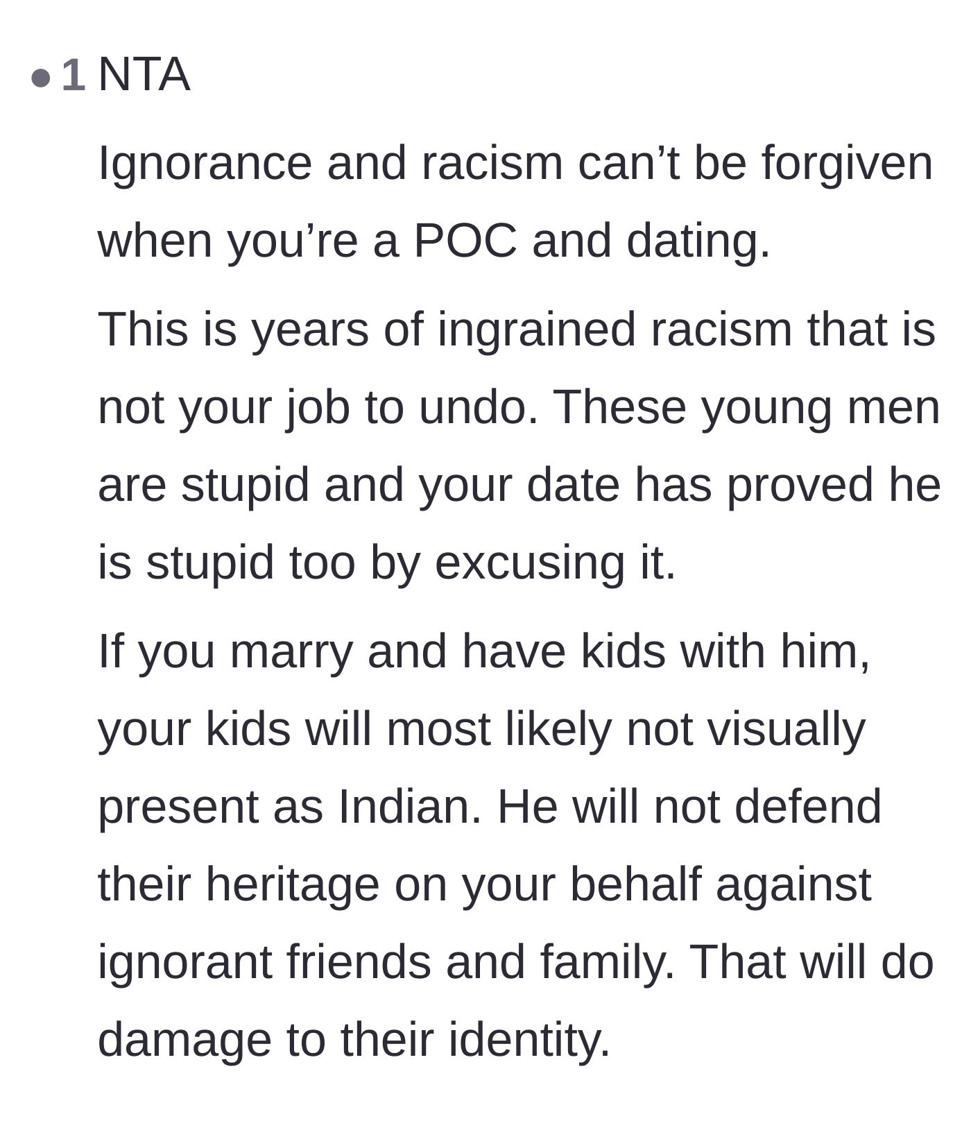 Comment thread 5 - A warning about how this enabling behavior would eventually harm any future mixed-race children.