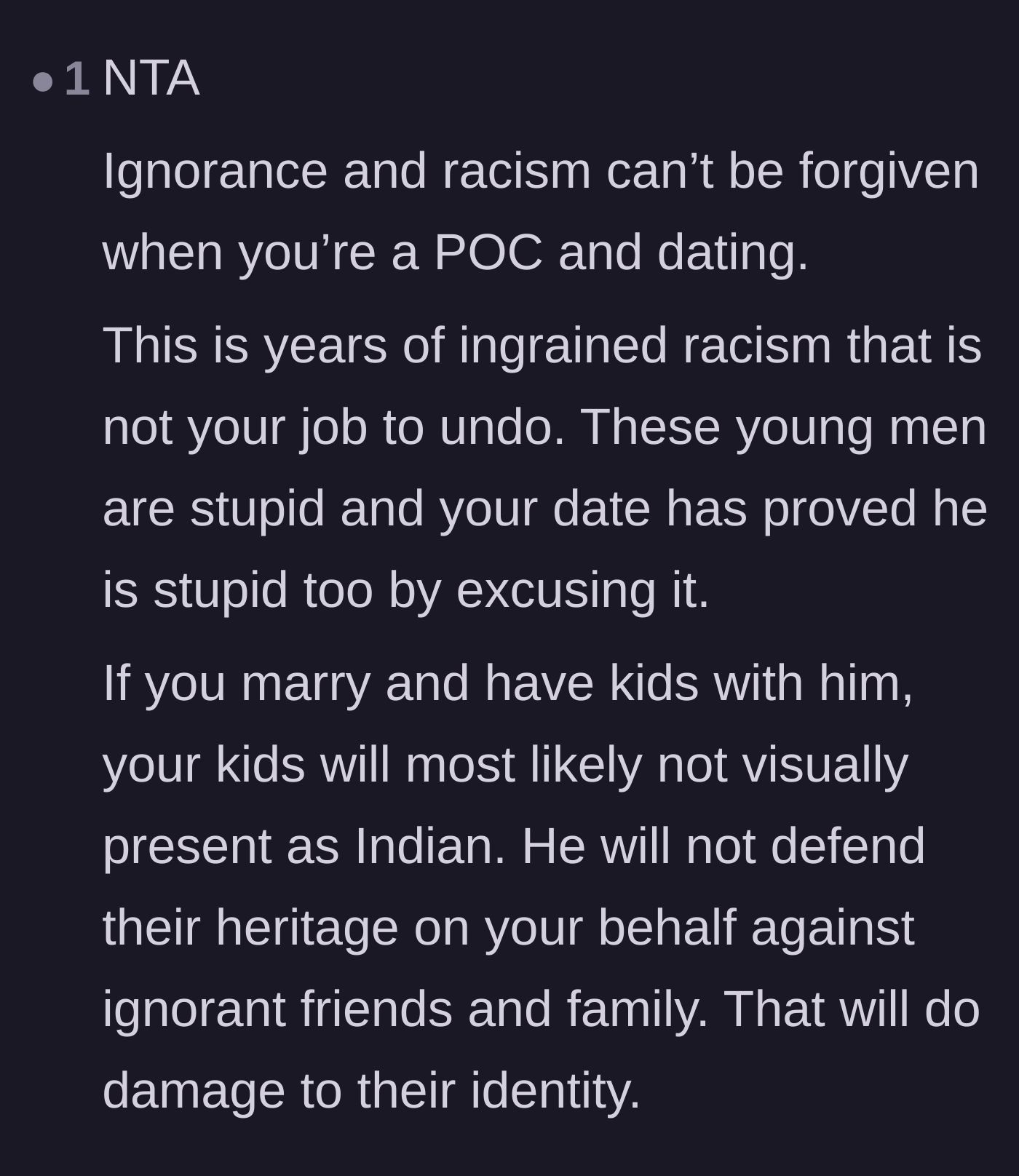 Comment thread 5 - A warning about how this enabling behavior would eventually harm any future mixed-race children.