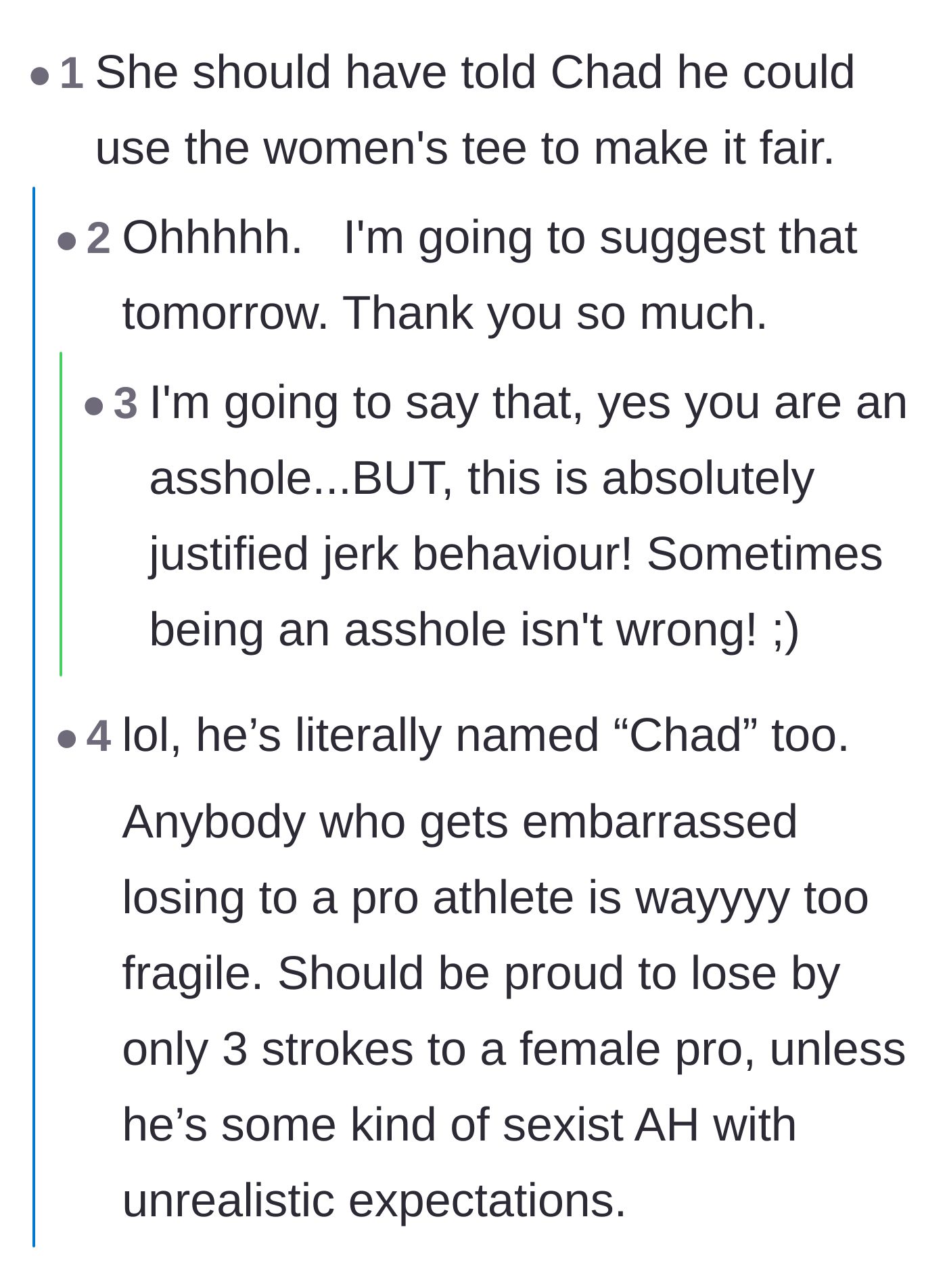 Comment thread 1 - Readers offering hilariously petty advice on how the couple can further taunt Chad on the golf course.