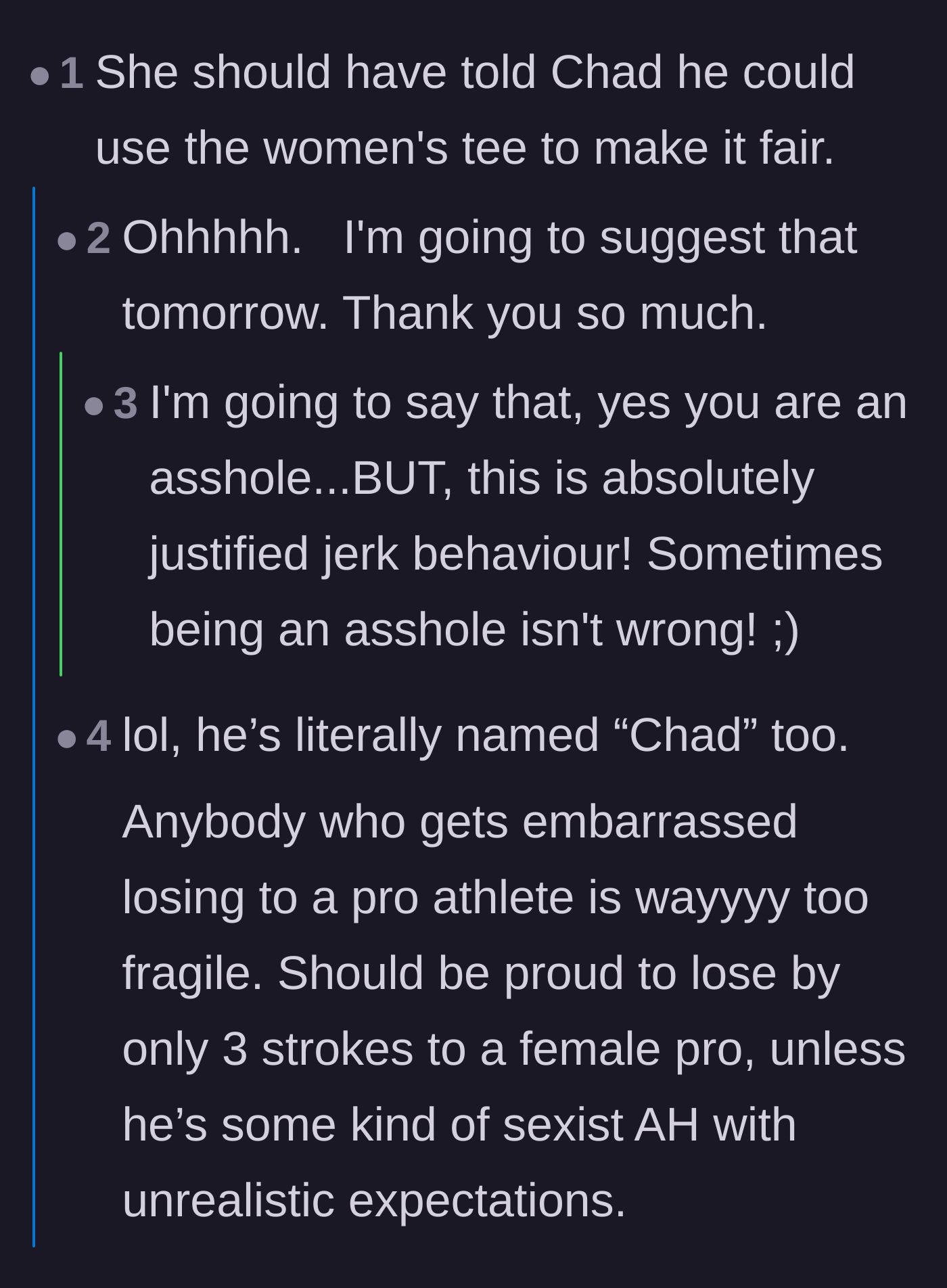 Comment thread 1 - Readers offering hilariously petty advice on how the couple can further taunt Chad on the golf course.
