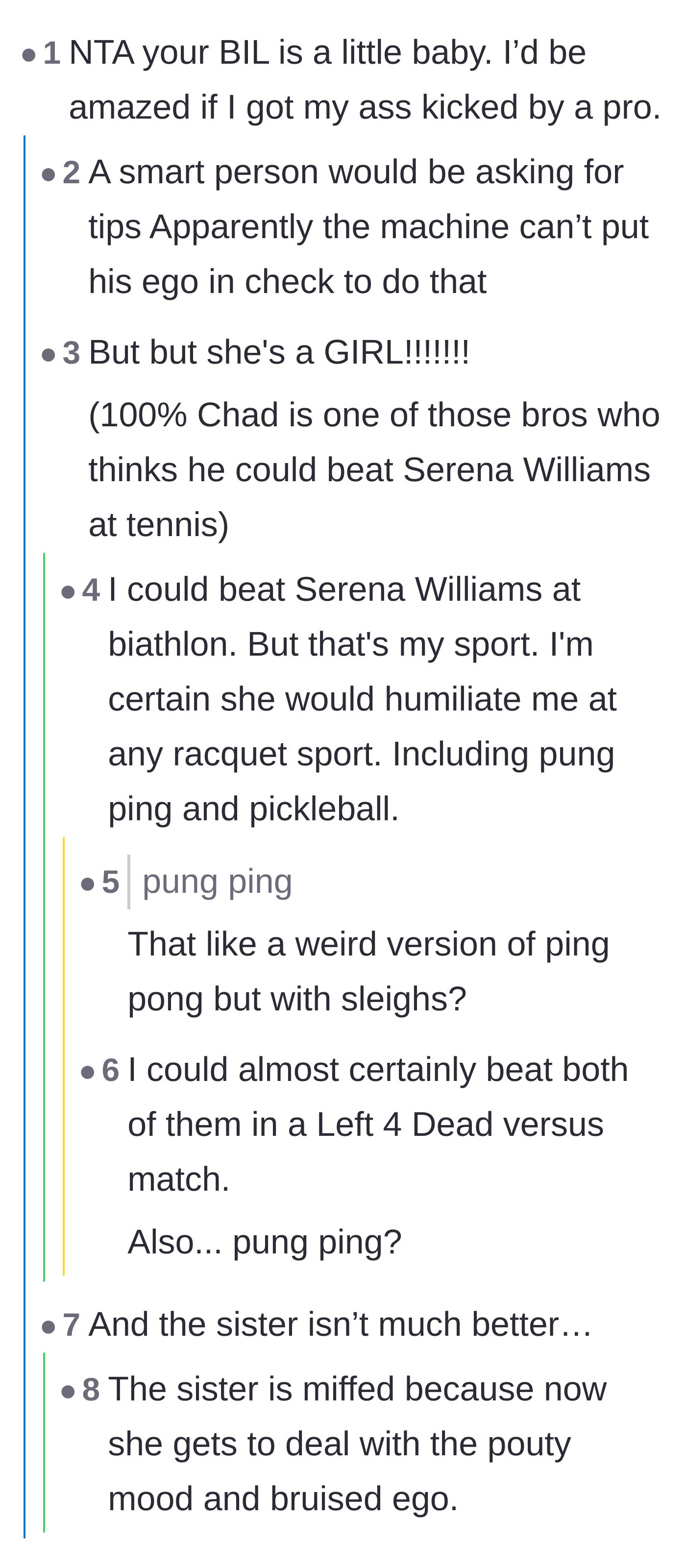 Comment thread 3 - Discussion about men underestimating elite female athletes and the sister's real reason for being upset.