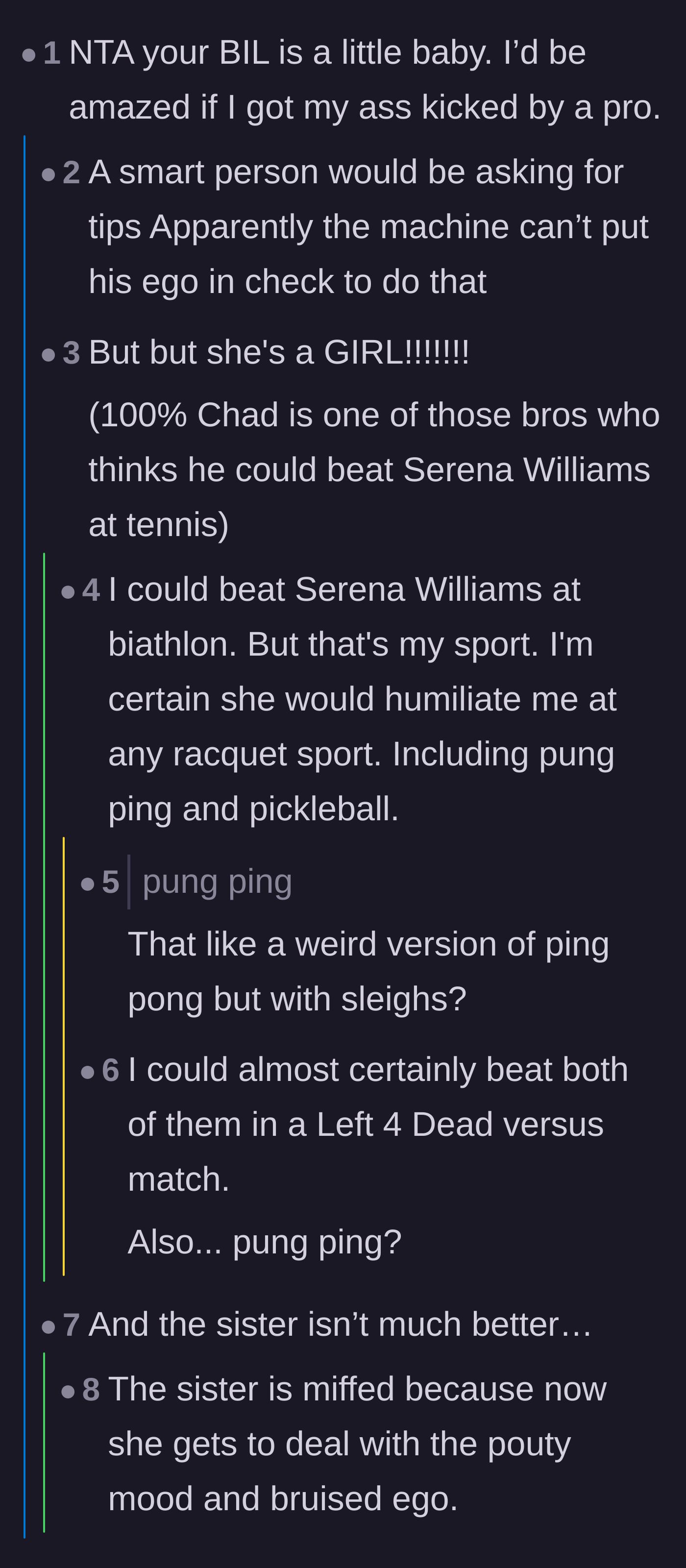 Comment thread 3 - Discussion about men underestimating elite female athletes and the sister's real reason for being upset.
