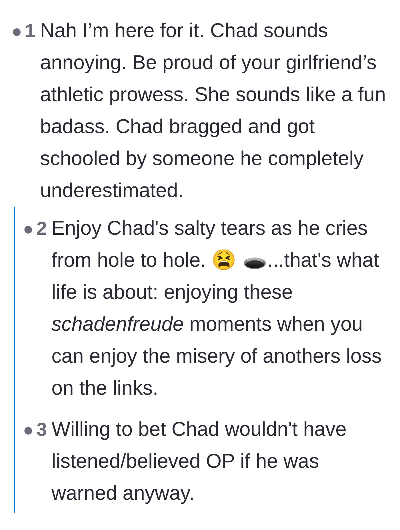 Comment thread 4 - Readers celebrating the instant karma and cheering on the girlfriend's amazing golf skills.