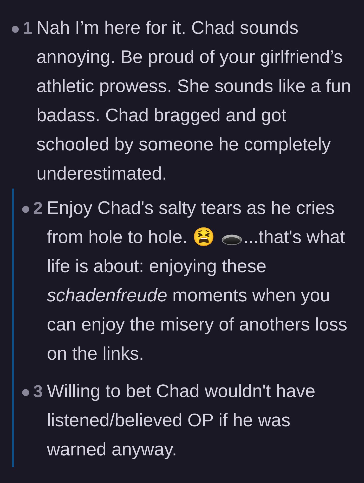 Comment thread 4 - Readers celebrating the instant karma and cheering on the girlfriend's amazing golf skills.