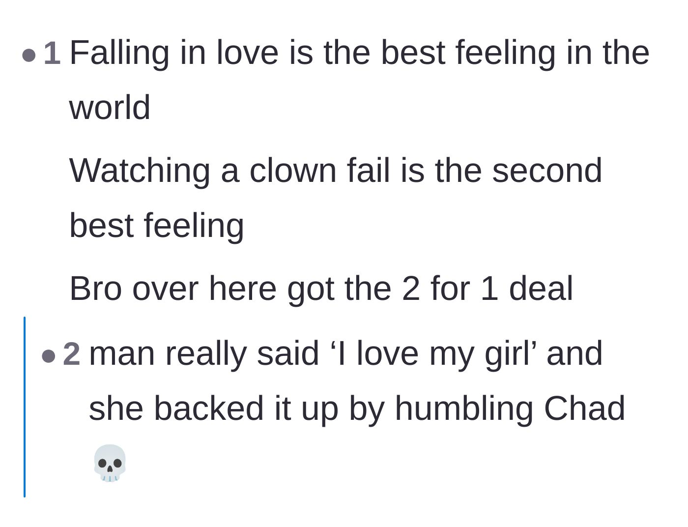 Comment thread 5 - A user joking about the double victory of falling in love and watching an arrogant relative fail.