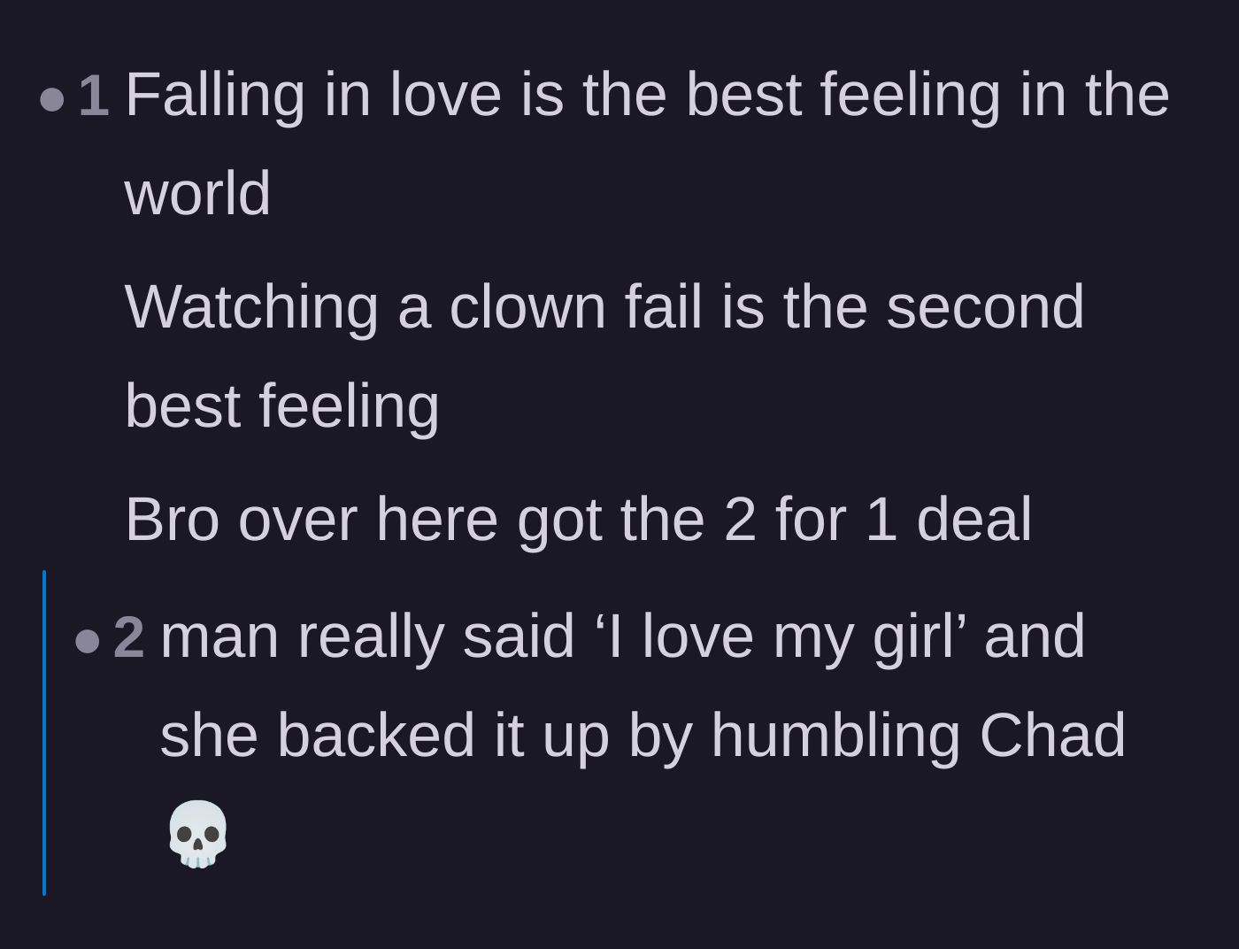 Comment thread 5 - A user joking about the double victory of falling in love and watching an arrogant relative fail.