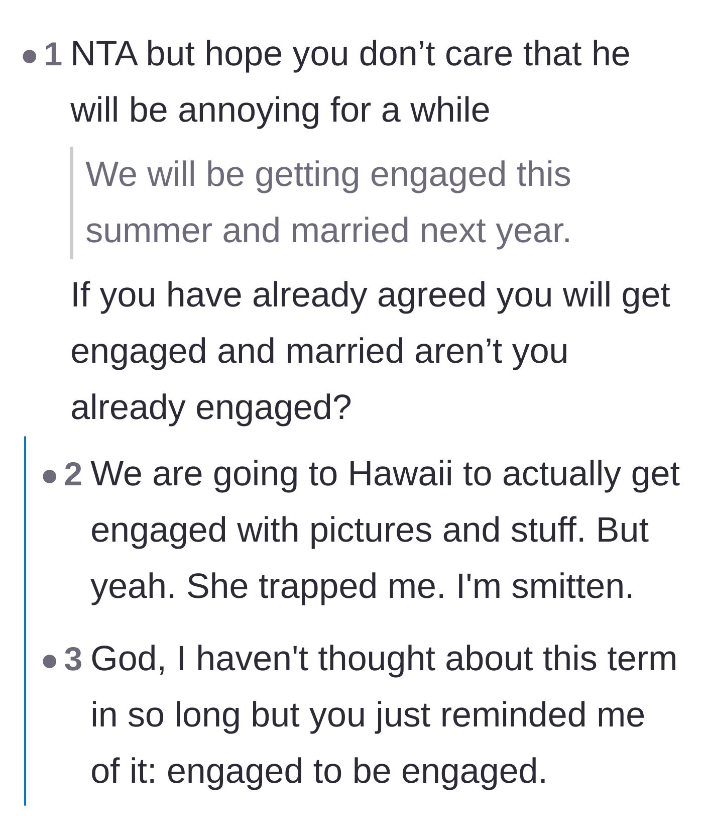 Comment thread 6 - Wholesome discussion about the couple's upcoming engagement in Hawaii and their healthy relationship communication.