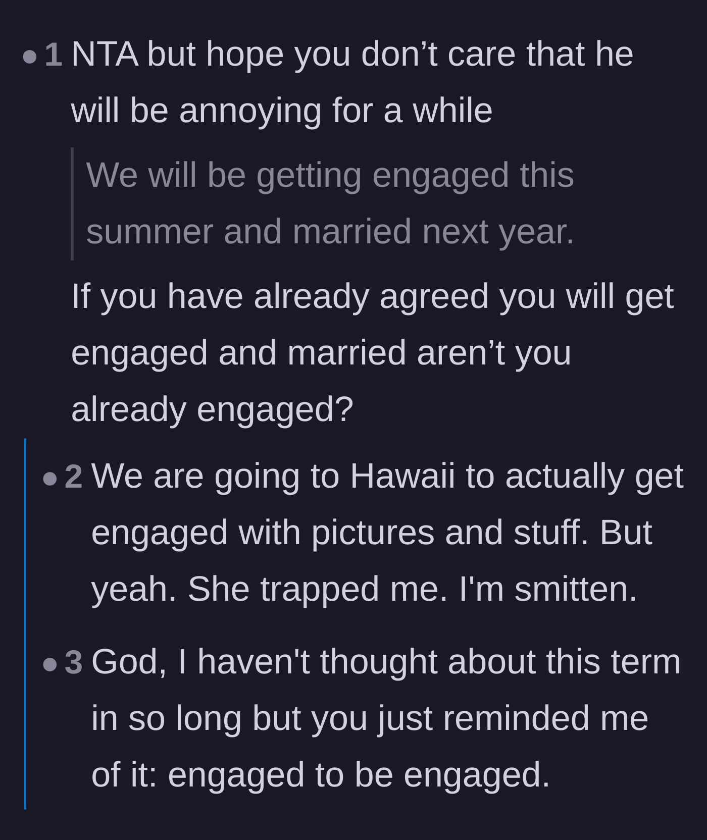 Comment thread 6 - Wholesome discussion about the couple's upcoming engagement in Hawaii and their healthy relationship communication.