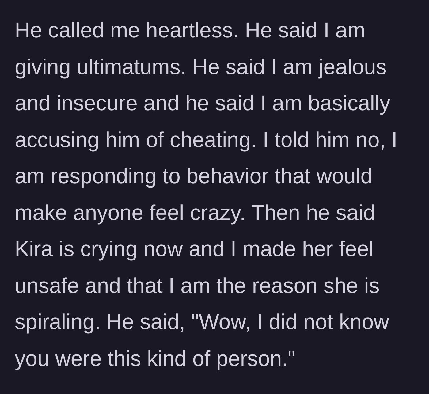 Story part 14 - Boyfriend attacks the girlfriend's character while comforting a crying Kira.
