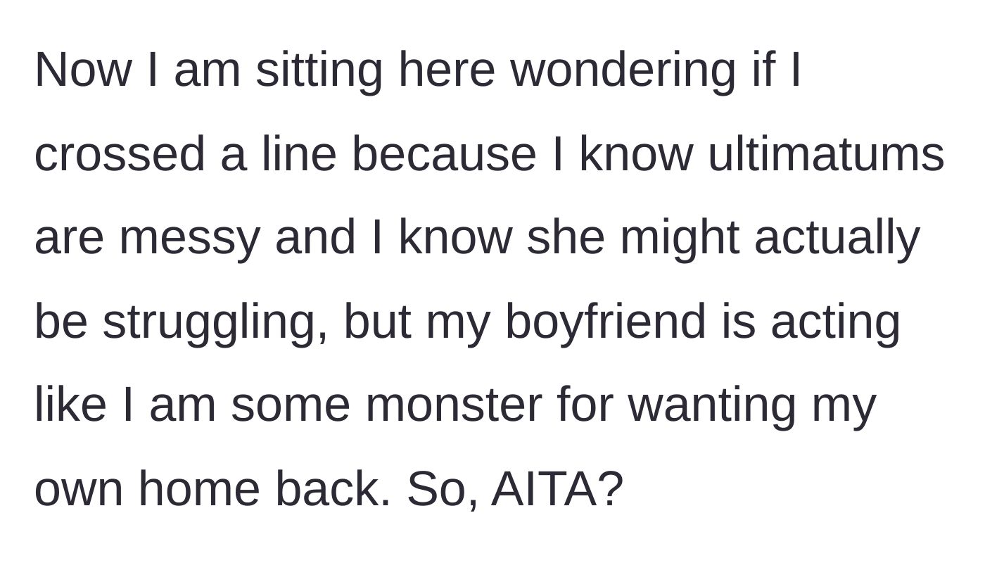 Story part 15 - Girlfriend reflects alone, questioning if her ultimatum made her the monster.