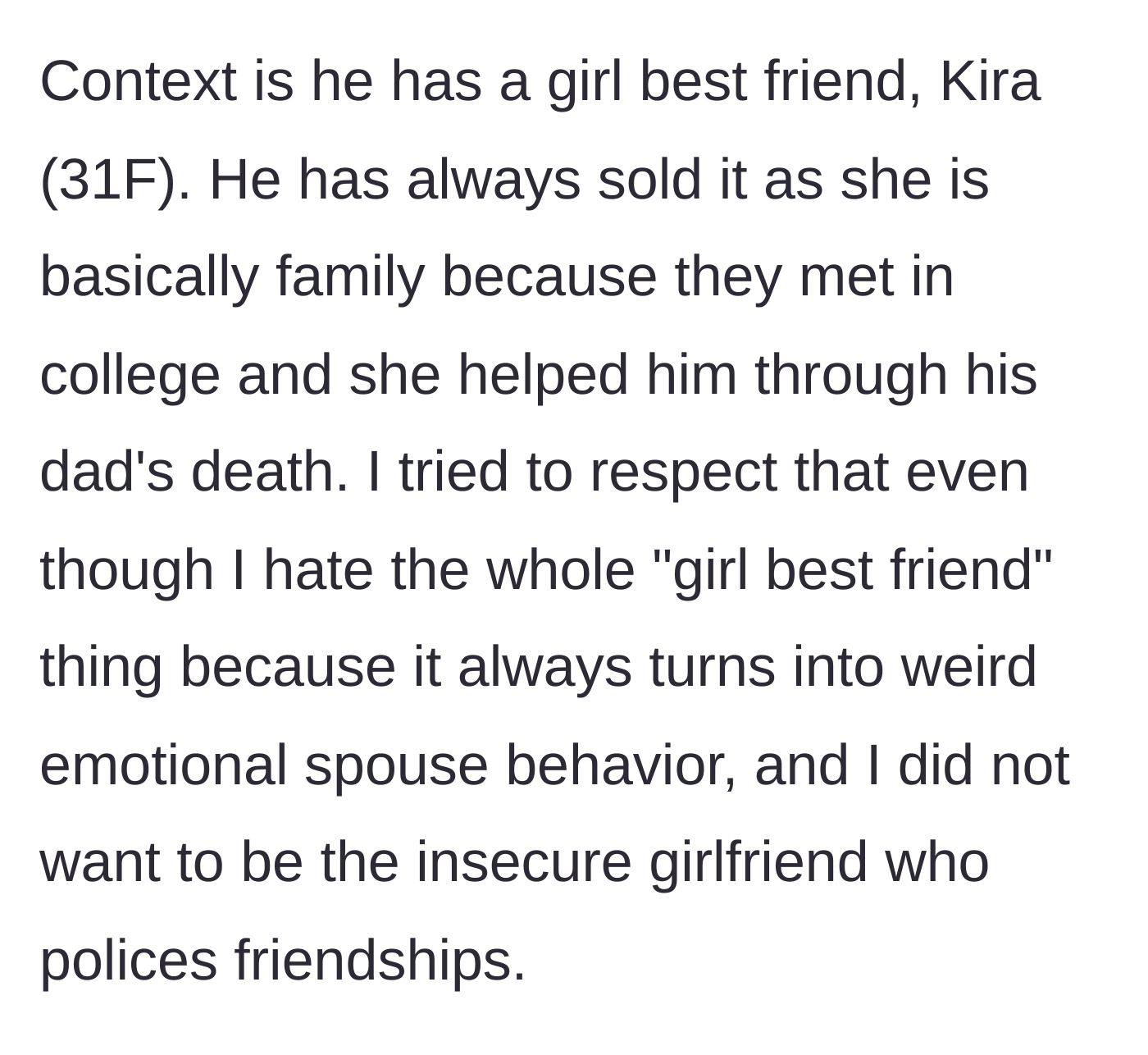 Story part 2 - Background on the boyfriend's best friend Kira and their emotionally enmeshed history.