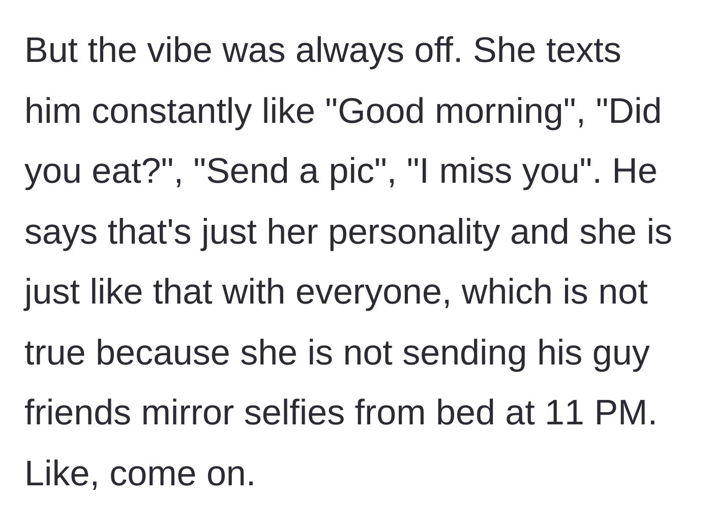 Story part 4 - Kira's inappropriate late-night texts and bed selfies sent to the boyfriend.