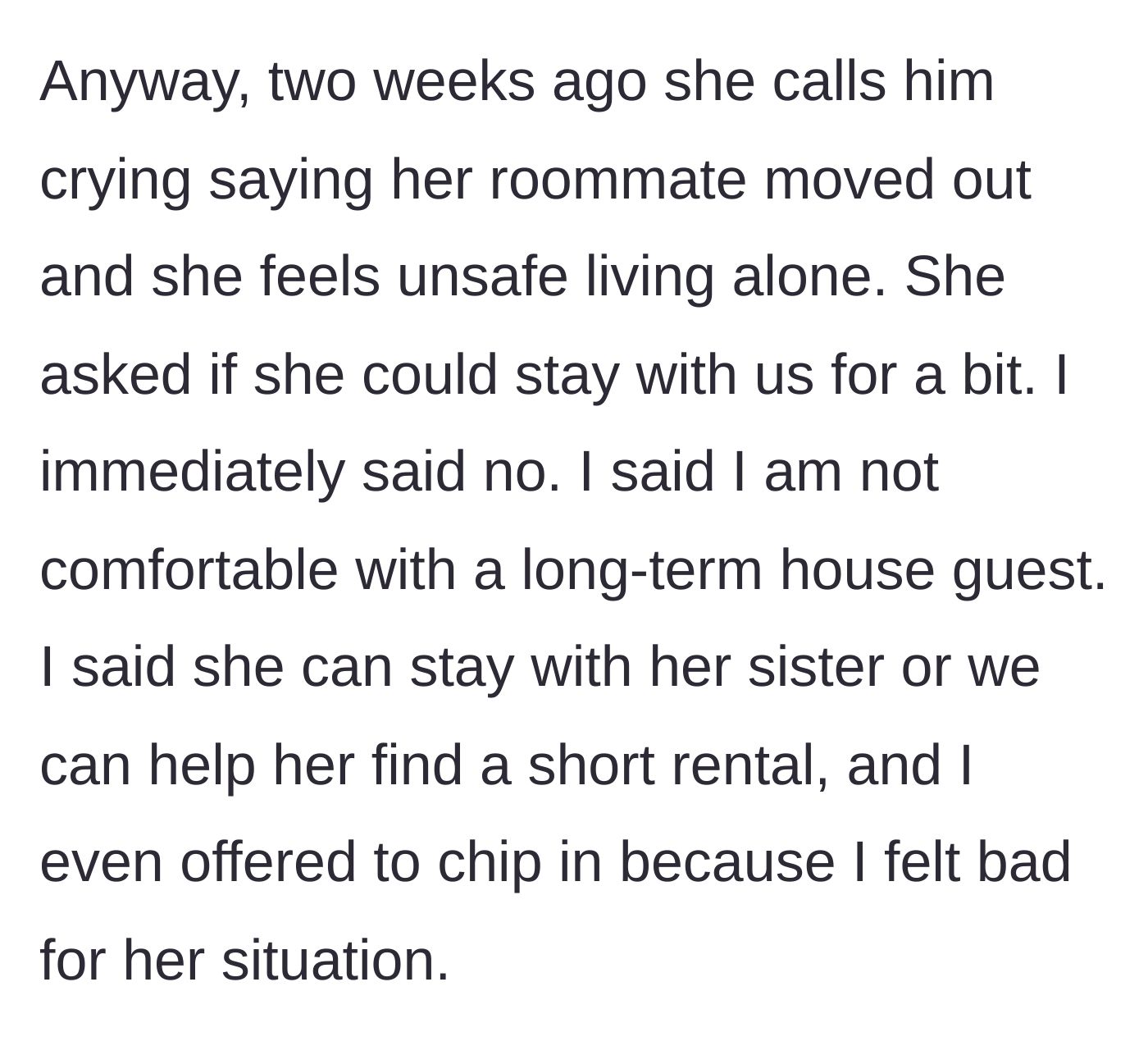 Story part 5 - Kira asks to move in after her roommate leaves; the girlfriend refuses but offers financial help.