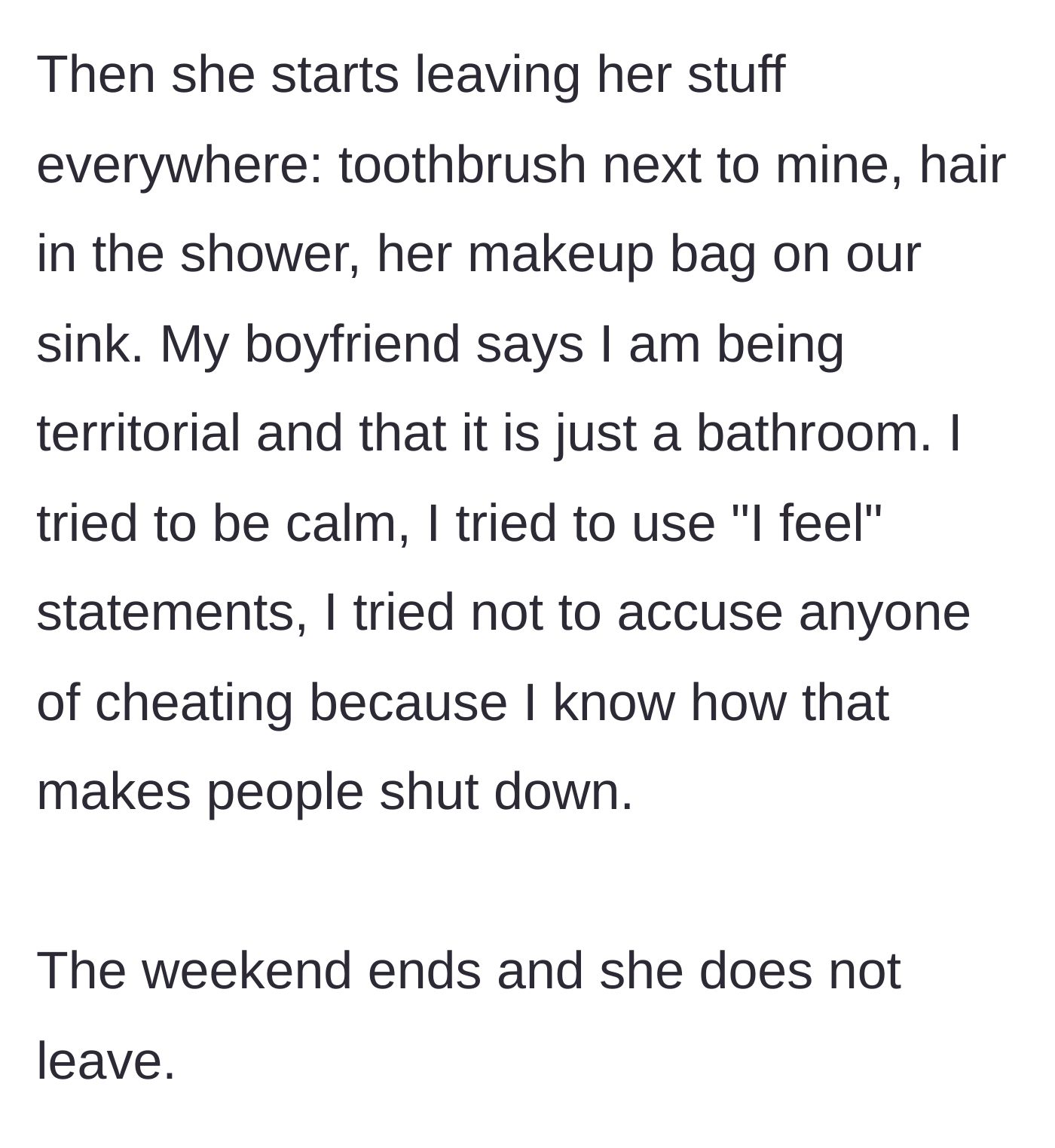 Story part 8 - Kira leaves her personal items all over the shared bathroom.