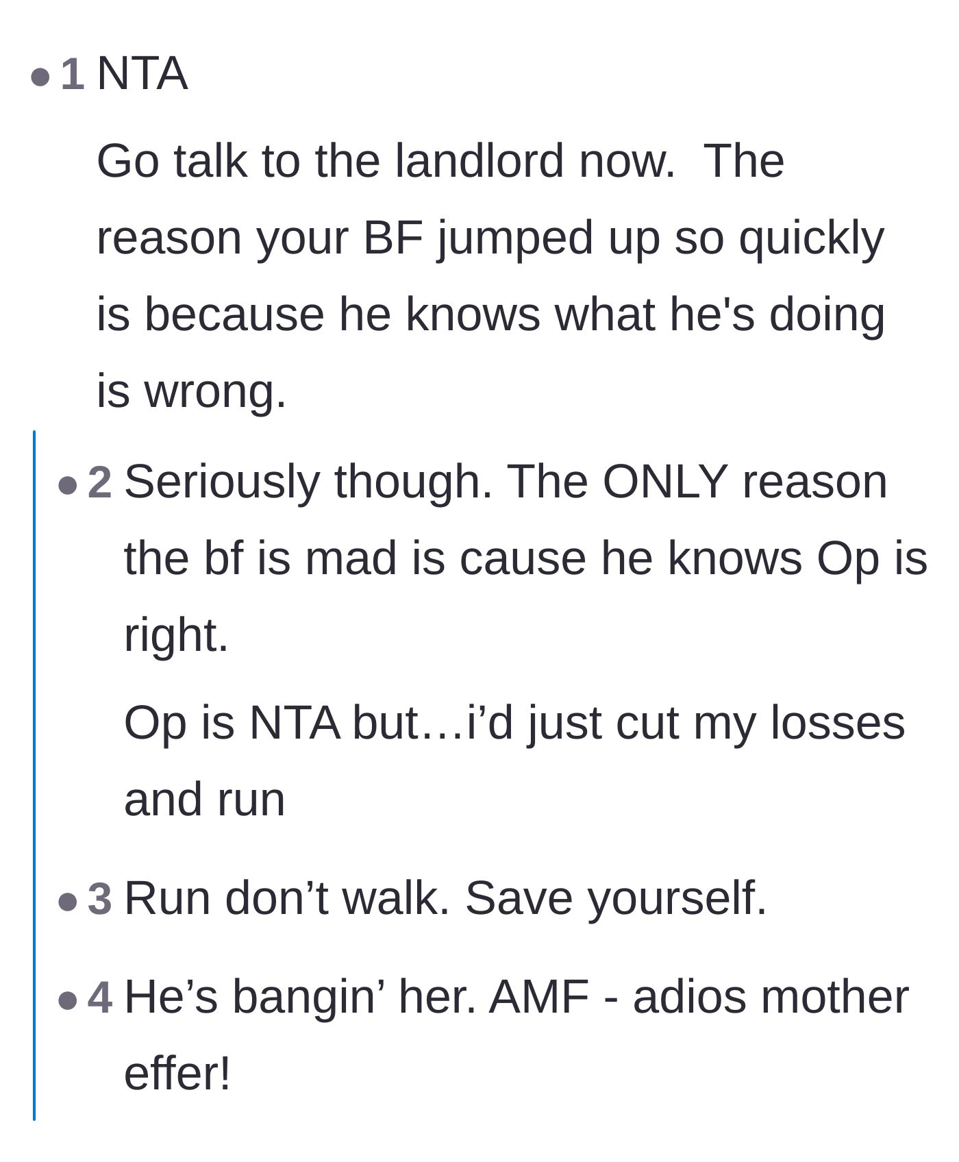 Comment thread 1 - Advice urging the girlfriend to speak to her landlord because the boyfriend's guilty flinch proves his infidelity.