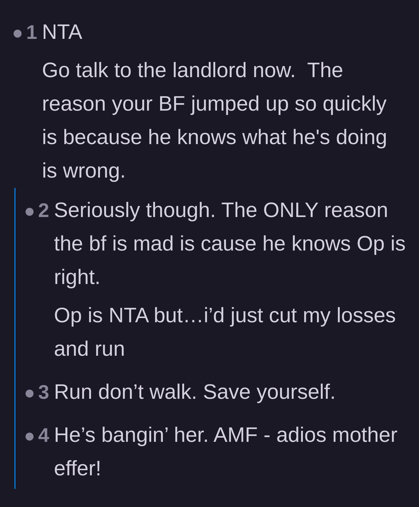 Comment thread 1 - Advice urging the girlfriend to speak to her landlord because the boyfriend's guilty flinch proves his infidelity.