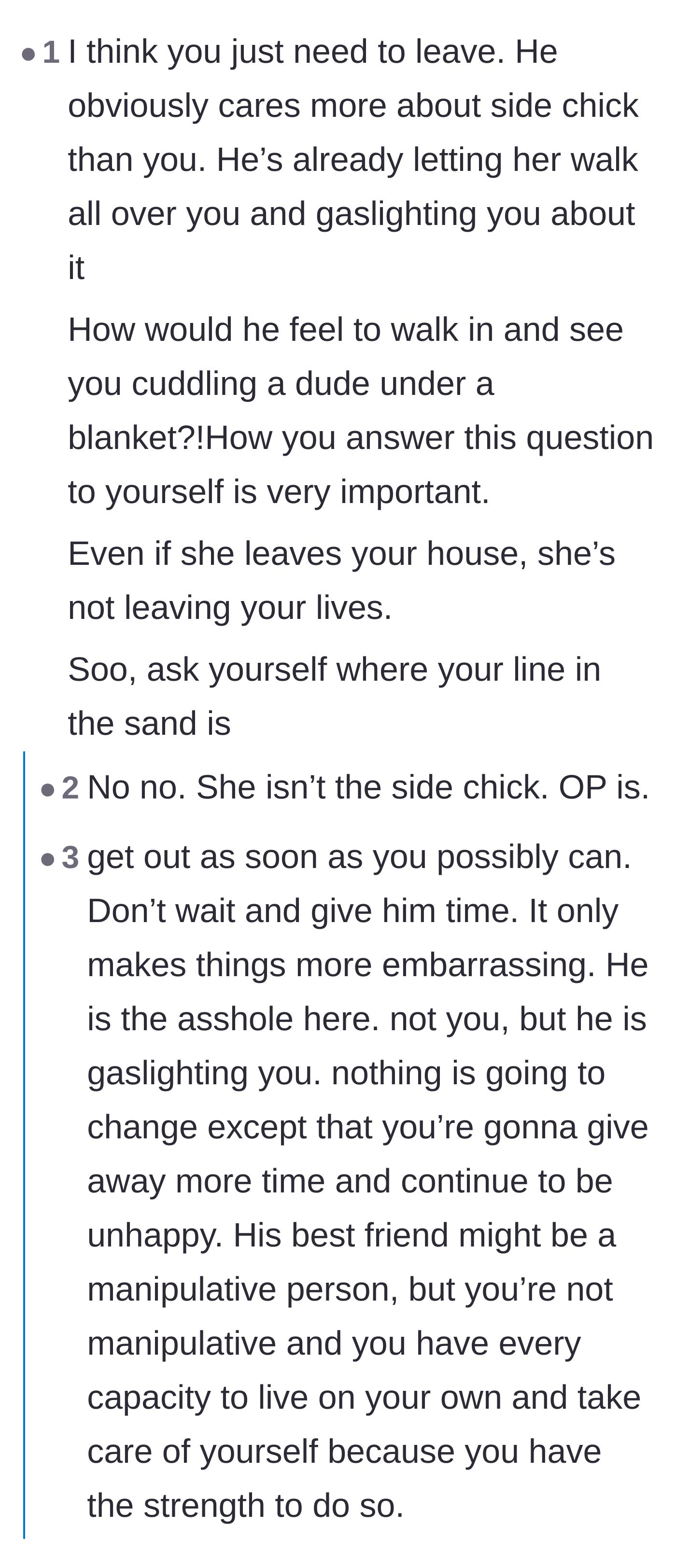 Comment thread 2 - Discussion analyzing the double standards of the boyfriend's boundaries and suggesting the girlfriend is actually the side chick.