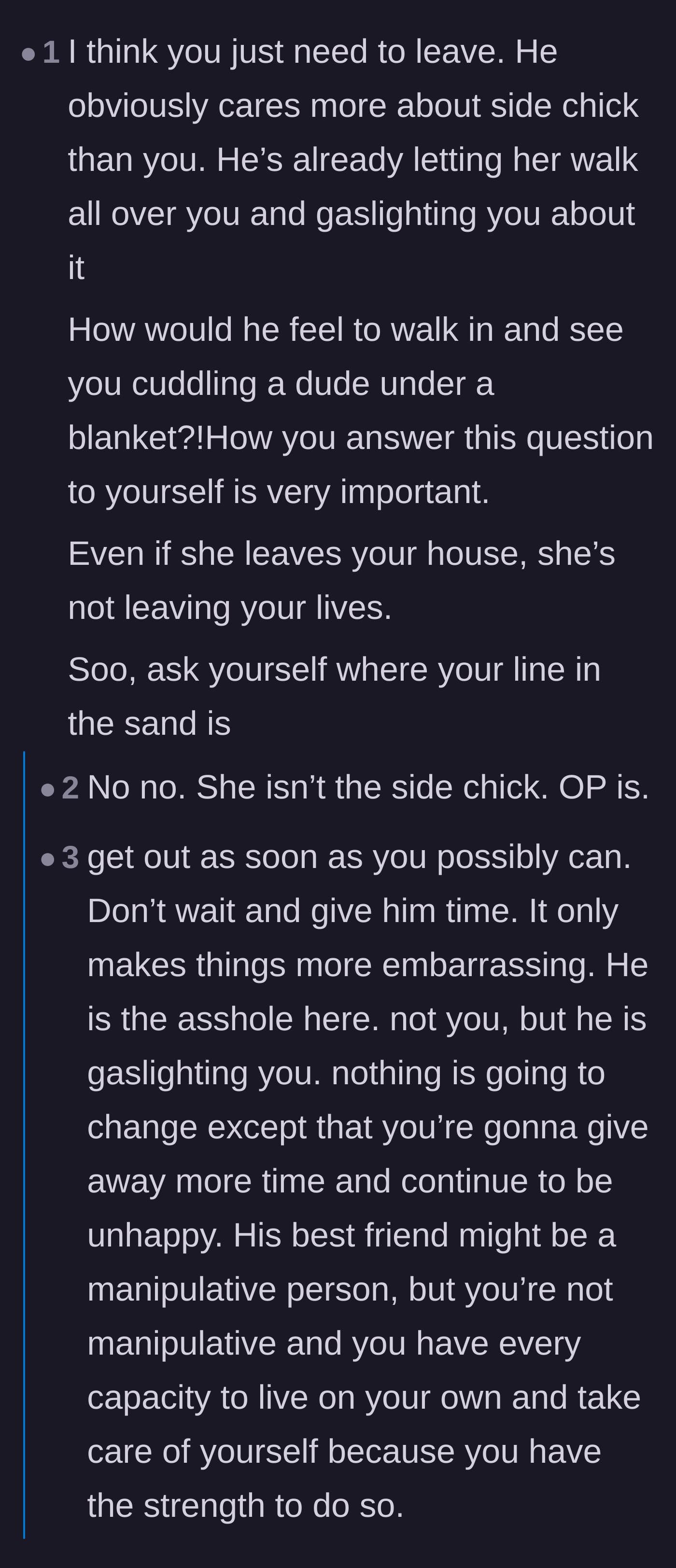 Comment thread 2 - Discussion analyzing the double standards of the boyfriend's boundaries and suggesting the girlfriend is actually the side chick.