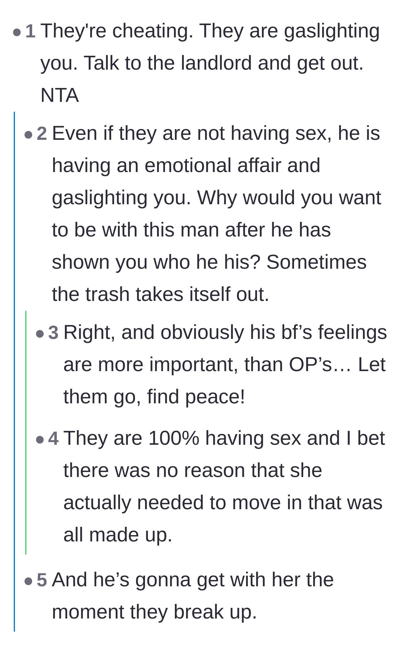Comment thread 3 - Commenters agreeing that even if the affair is only emotional, the manipulation alone is grounds for leaving.