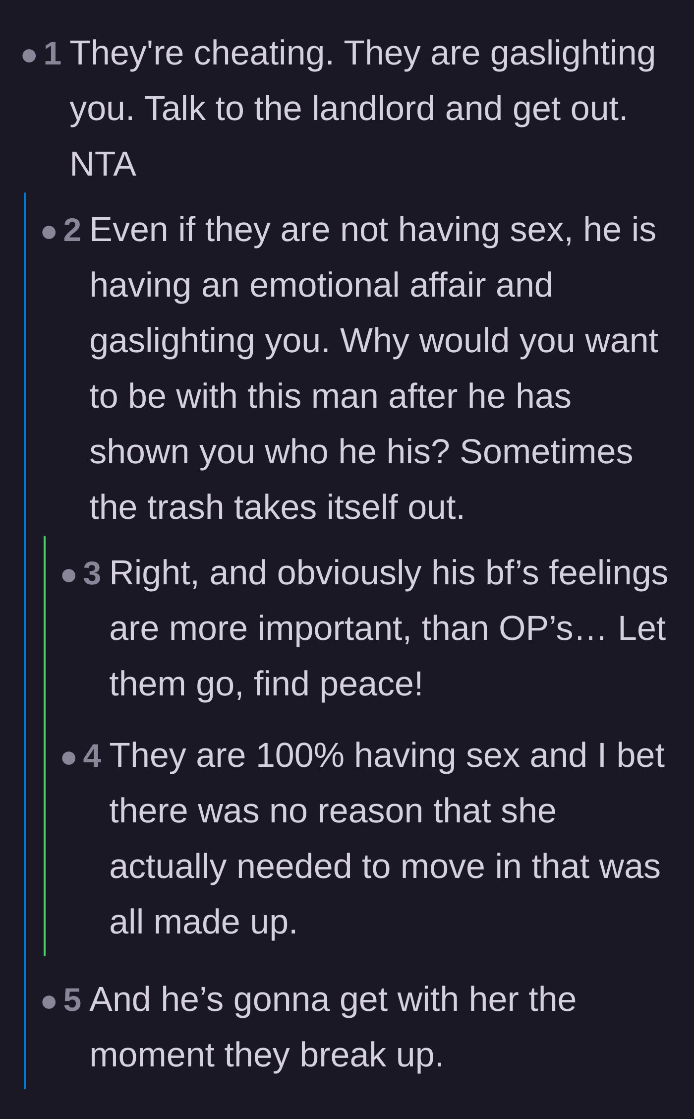 Comment thread 3 - Commenters agreeing that even if the affair is only emotional, the manipulation alone is grounds for leaving.