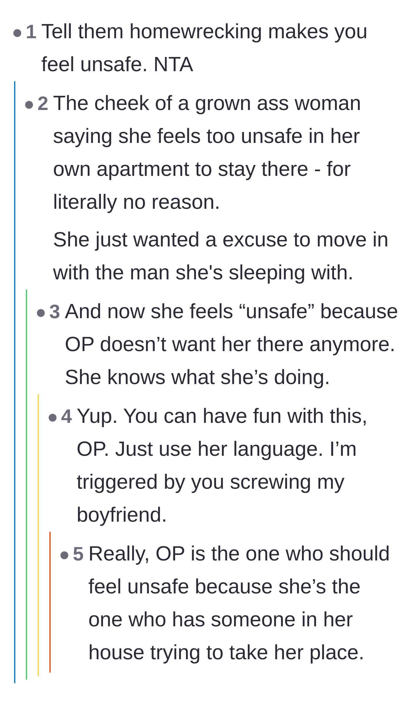 Comment thread 4 - Suggestions to flip the best friend's manipulative therapy-speak about feeling 'unsafe' back on her.