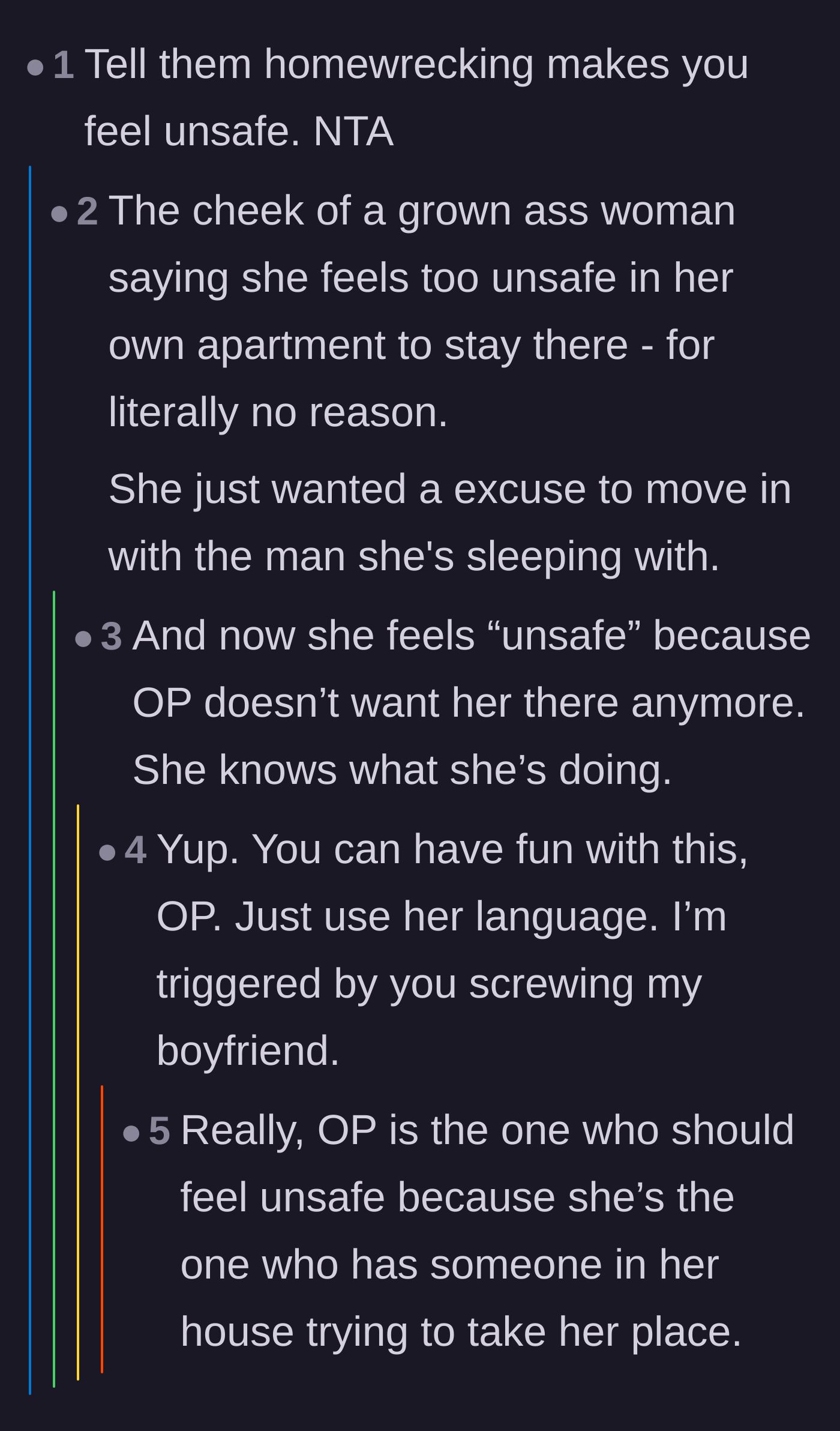 Comment thread 4 - Suggestions to flip the best friend's manipulative therapy-speak about feeling 'unsafe' back on her.