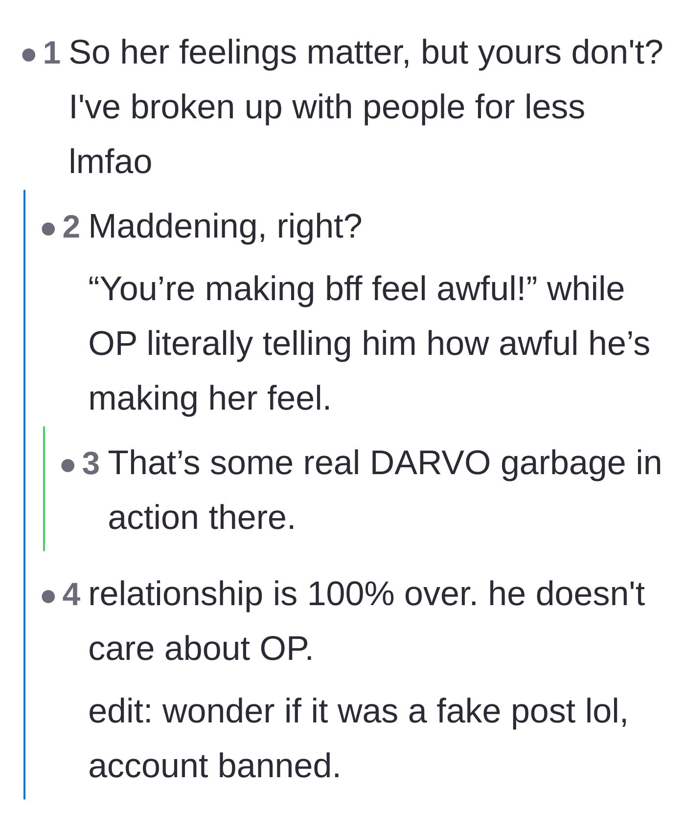 Comment thread 5 - Calling out the boyfriend's blatant DARVO tactics and the hypocrisy of prioritizing his friend's feelings over his partner's.