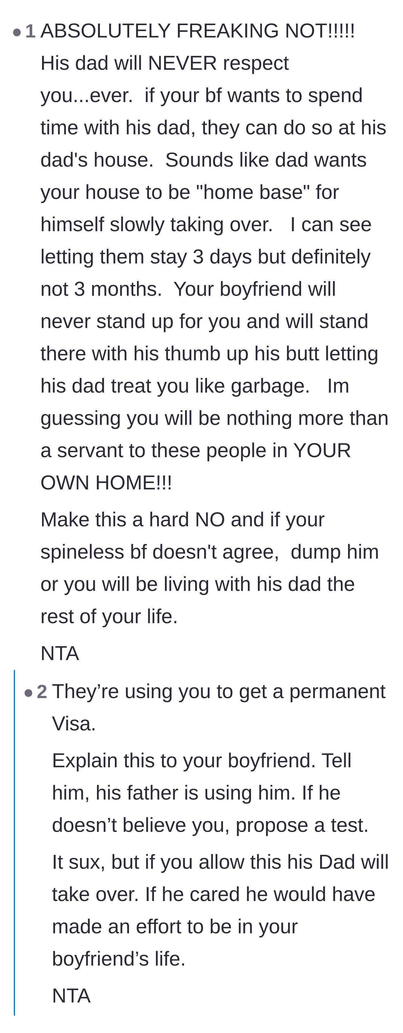 Comment thread 1 - Readers warning that the father will take over the house permanently and the boyfriend will never defend her