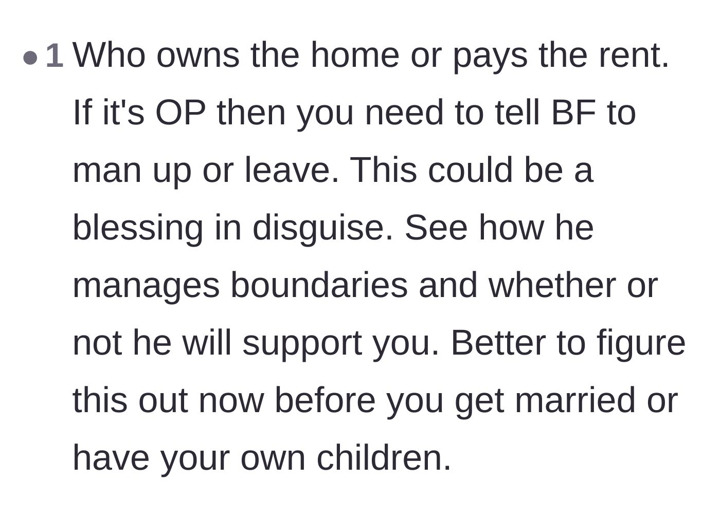 Comment thread 6 - Framing the conflict as a crucial pre-marriage test of the boyfriend's ability to hold boundaries