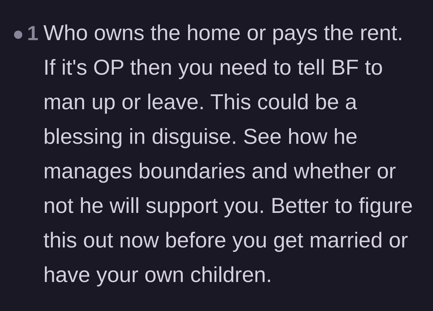 Comment thread 6 - Framing the conflict as a crucial pre-marriage test of the boyfriend's ability to hold boundaries