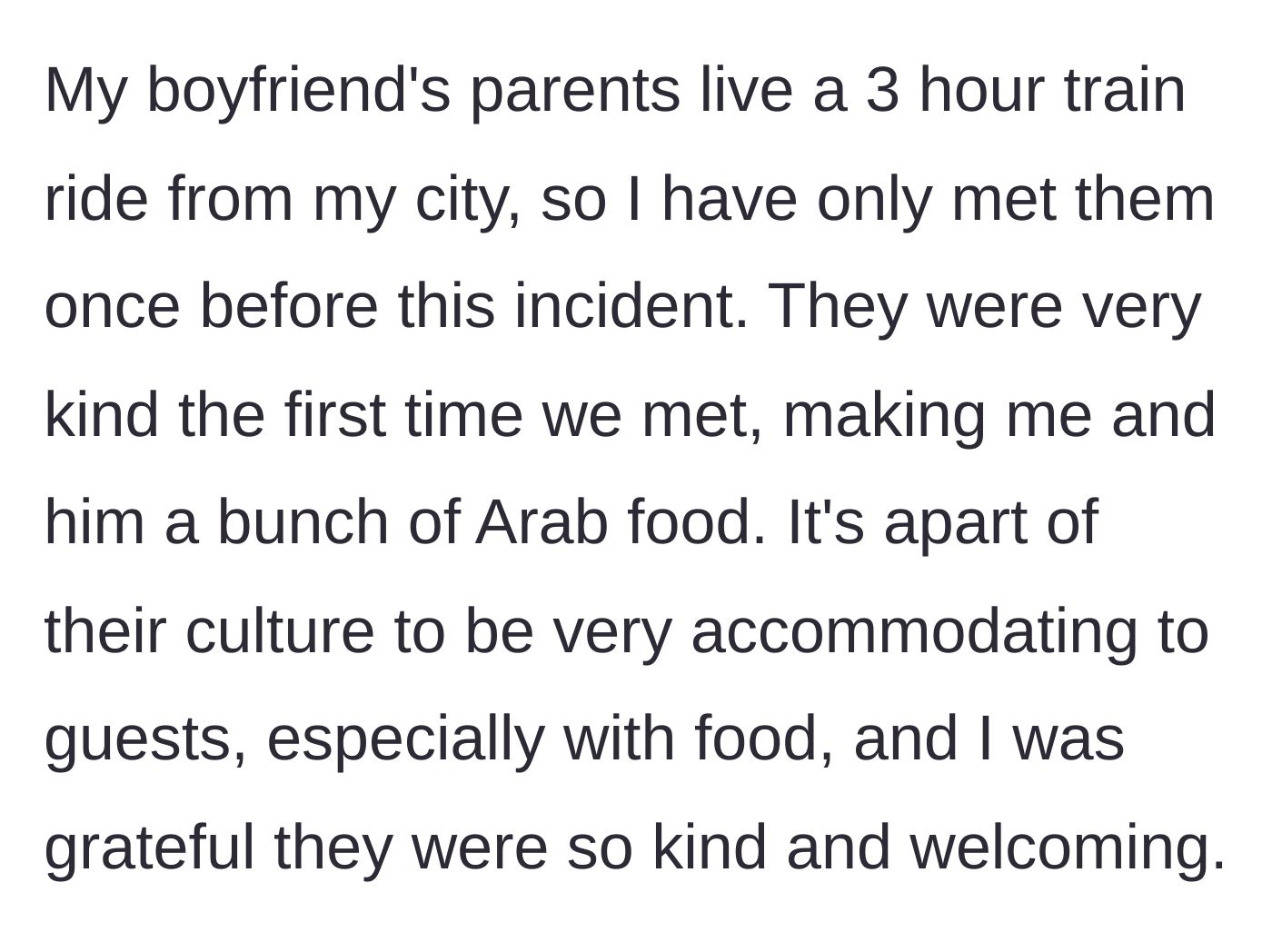 Story part 2 - The girlfriend describing her first meeting with her boyfriend's Arab parents and their welcoming hospitality.