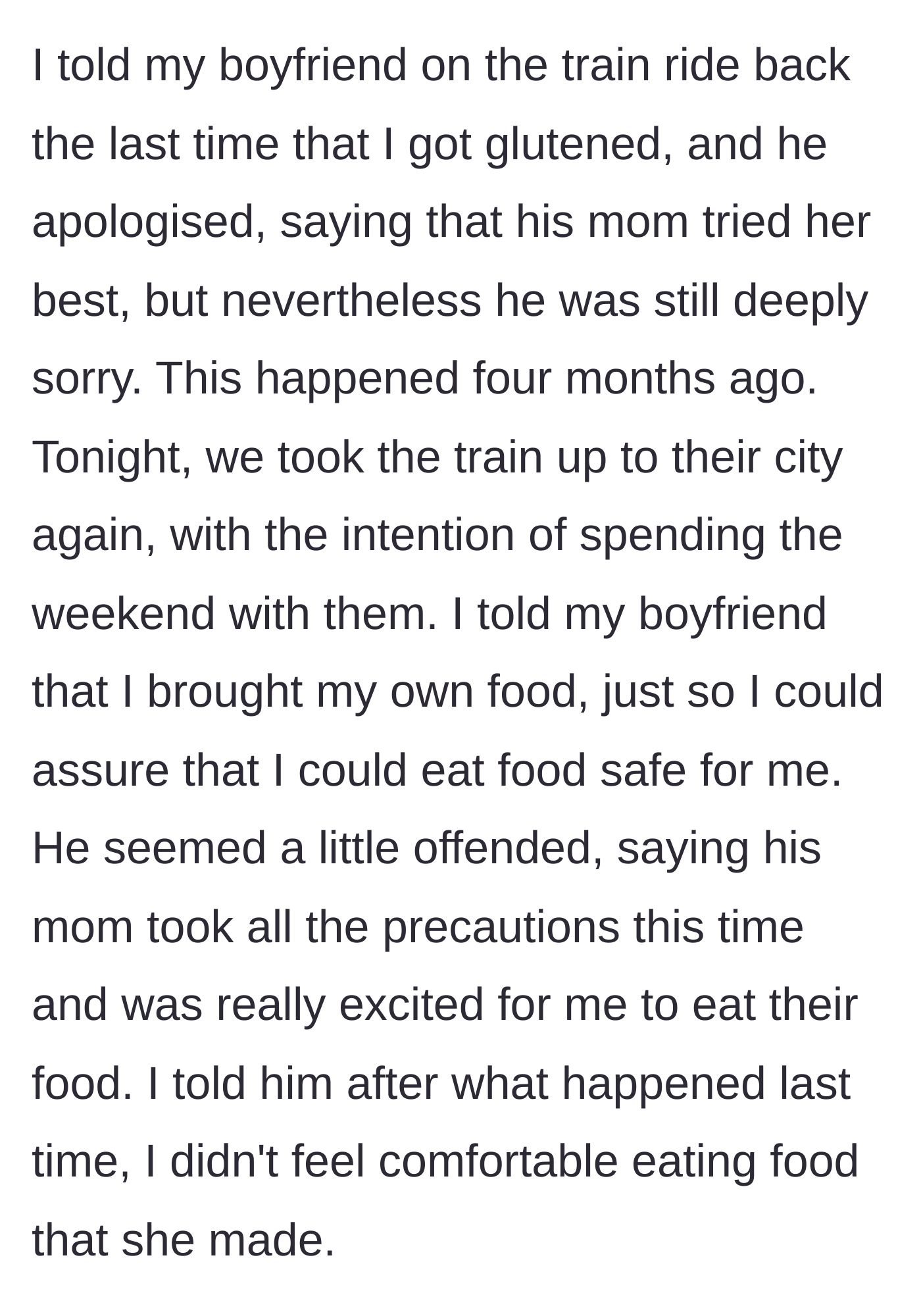 Story part 4 - The girlfriend bringing her own food on the next trip, causing her boyfriend to get offended on the train.