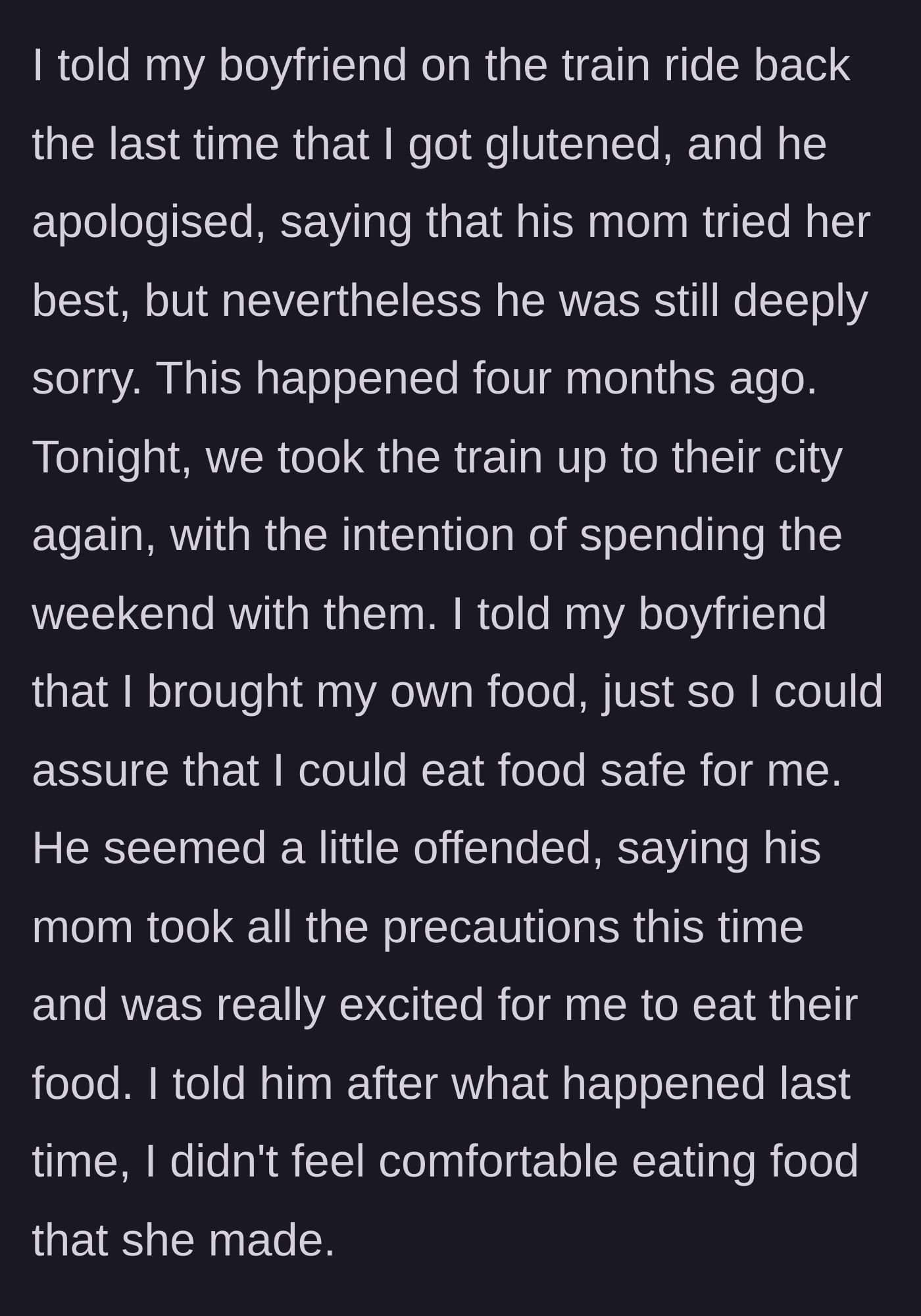 Story part 4 - The girlfriend bringing her own food on the next trip, causing her boyfriend to get offended on the train.