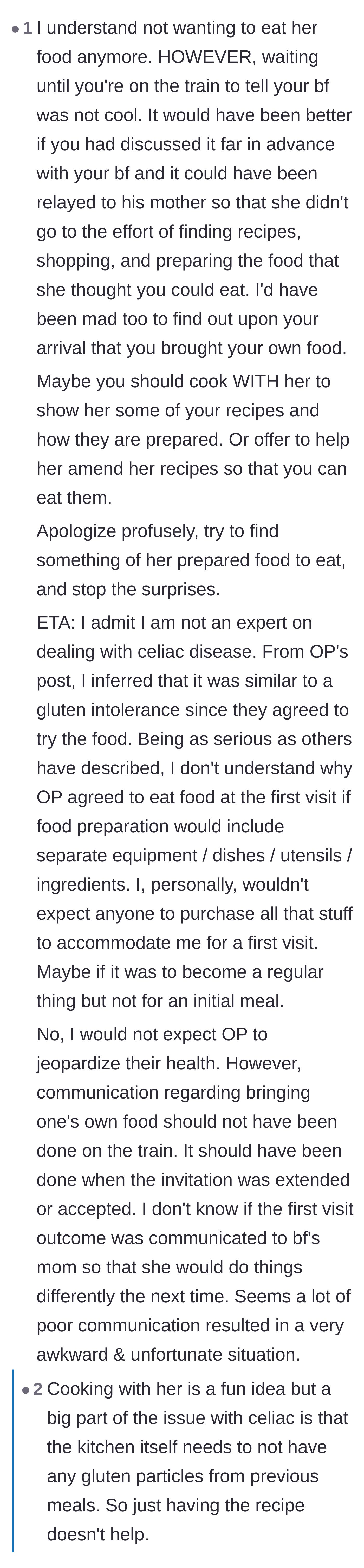 Comment thread 1 - A discussion on the vital importance of early communication and the extreme sanitization required for safe Celiac cooking.