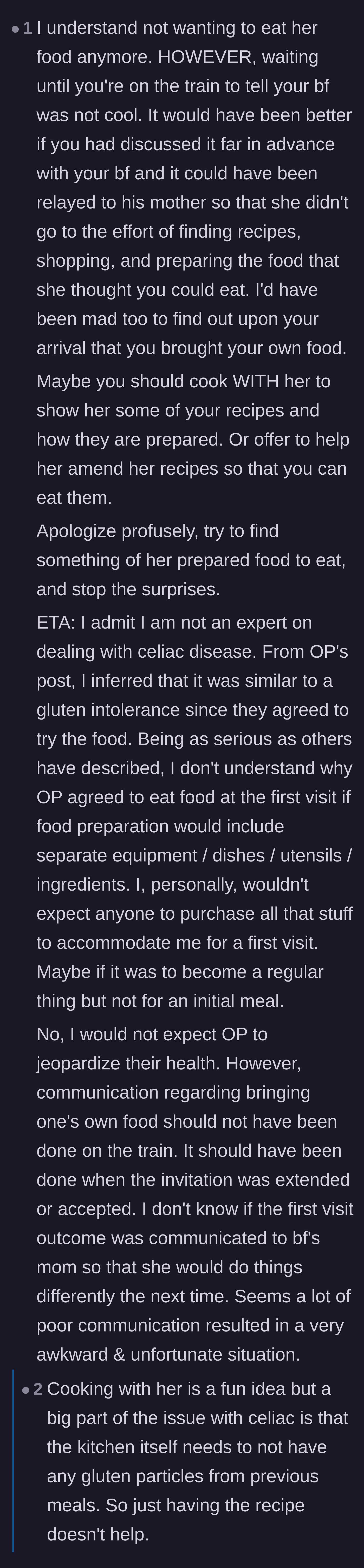 Comment thread 1 - A discussion on the vital importance of early communication and the extreme sanitization required for safe Celiac cooking.