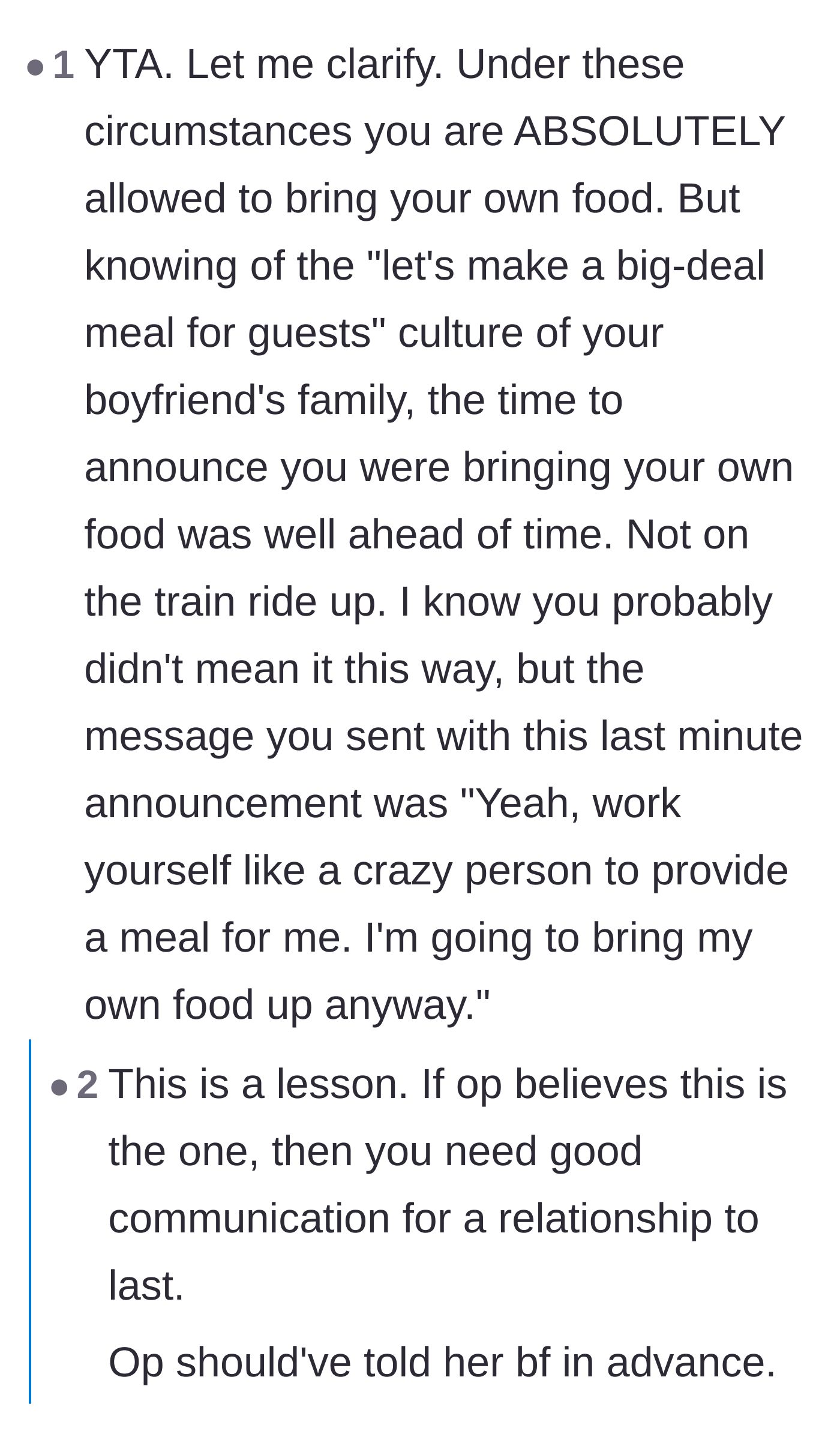 Comment thread 3 - Criticism of the girlfriend's late timing, highlighting how the last-minute reveal felt like a direct insult to the host's loving efforts.