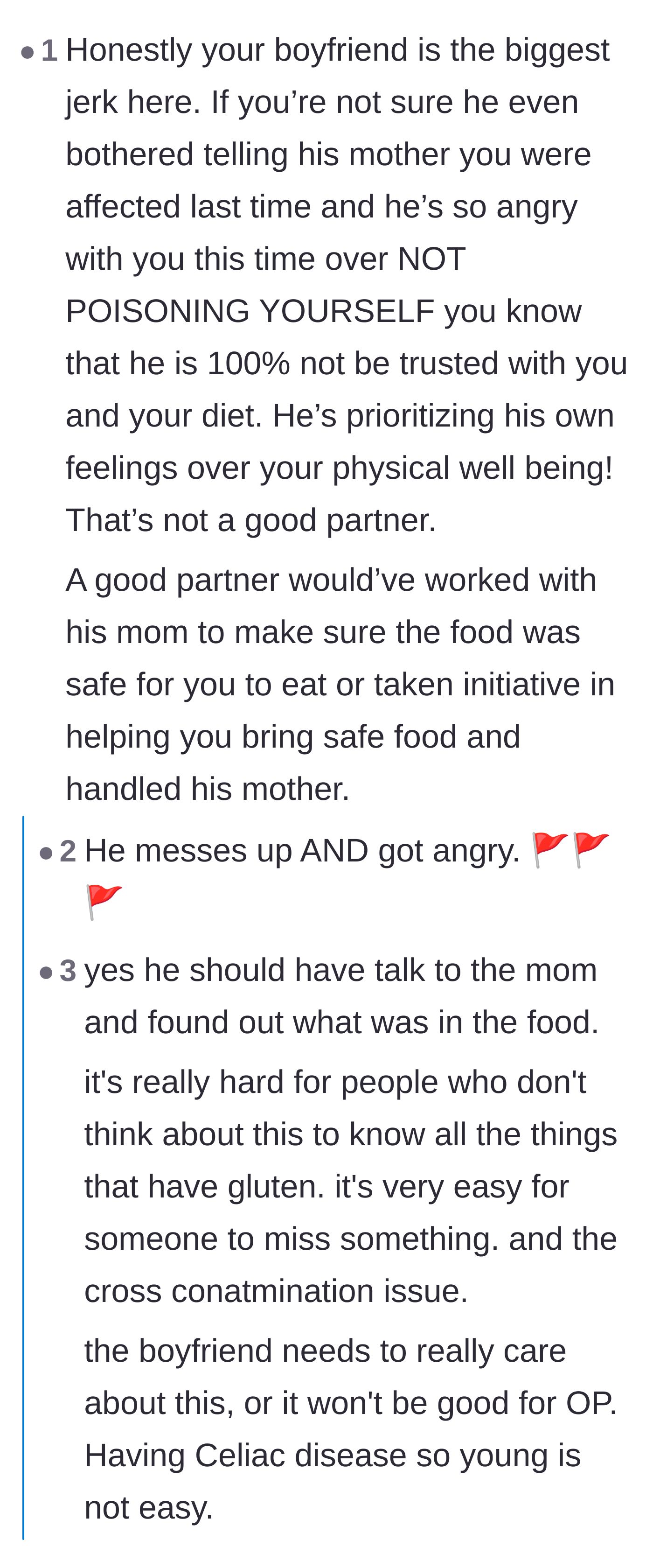 Comment thread 4 - Readers calling out the boyfriend's red flags and his failure to protect his partner's health over his family's pride.