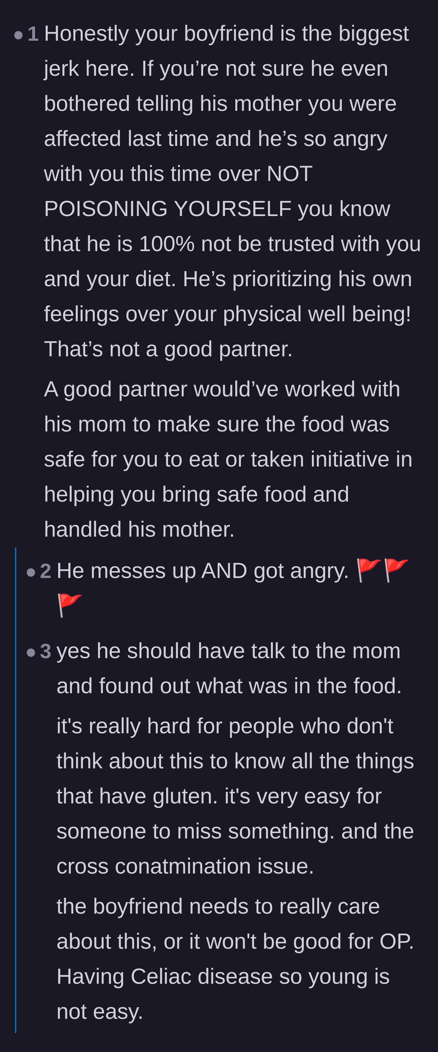 Comment thread 4 - Readers calling out the boyfriend's red flags and his failure to protect his partner's health over his family's pride.