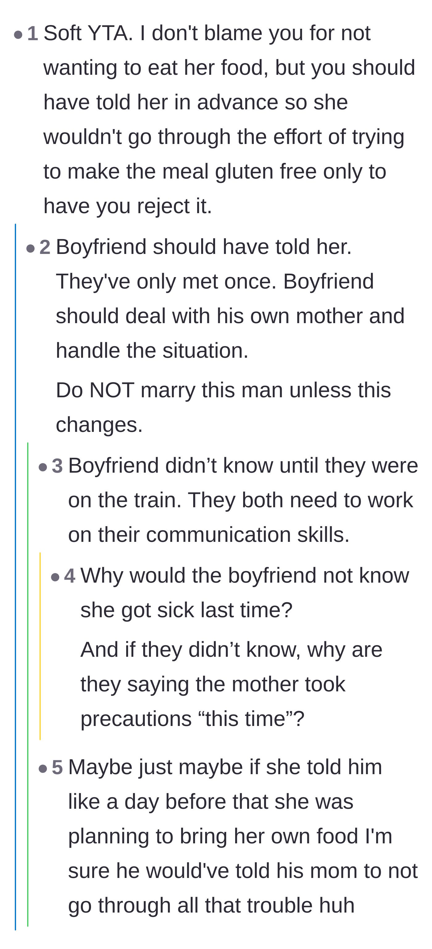 Comment thread 5 - A debate over whether the boyfriend or the girlfriend is truly to blame for failing to communicate the change in plans to the mother.