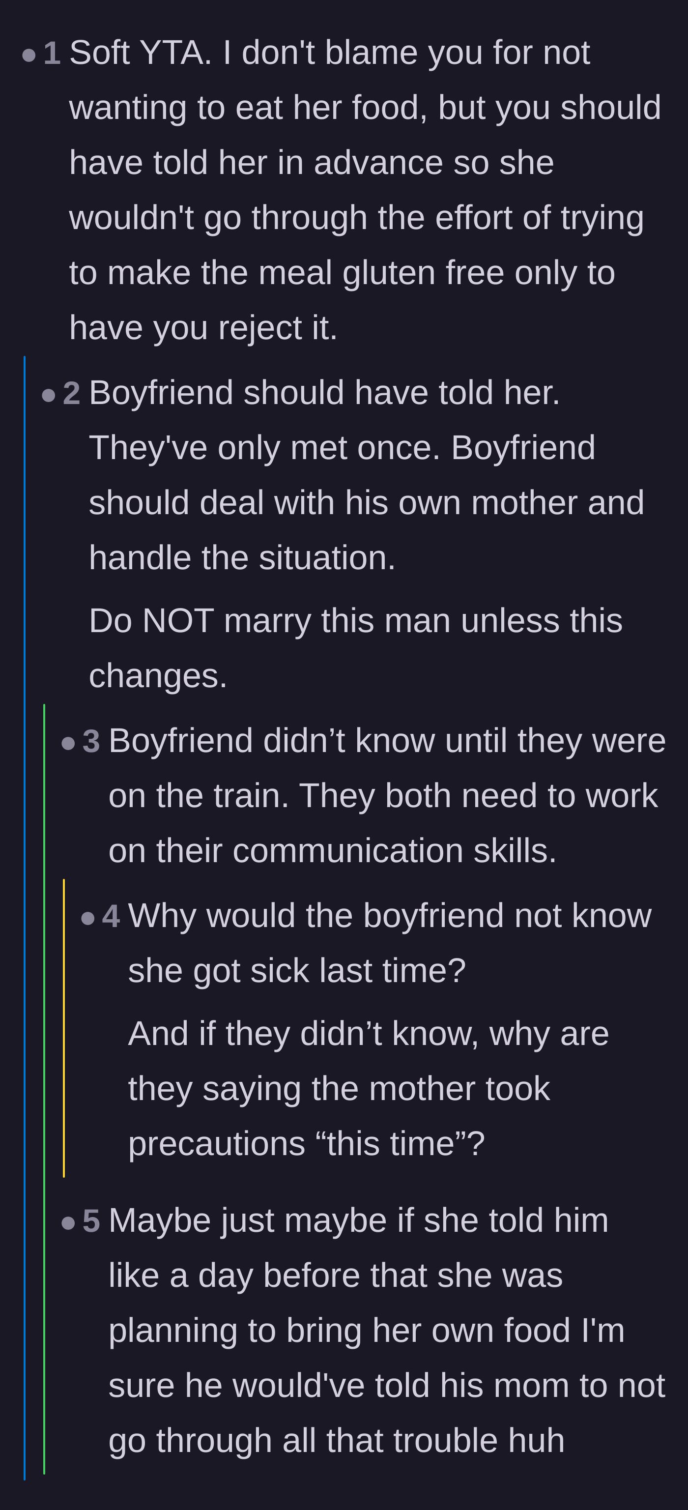 Comment thread 5 - A debate over whether the boyfriend or the girlfriend is truly to blame for failing to communicate the change in plans to the mother.